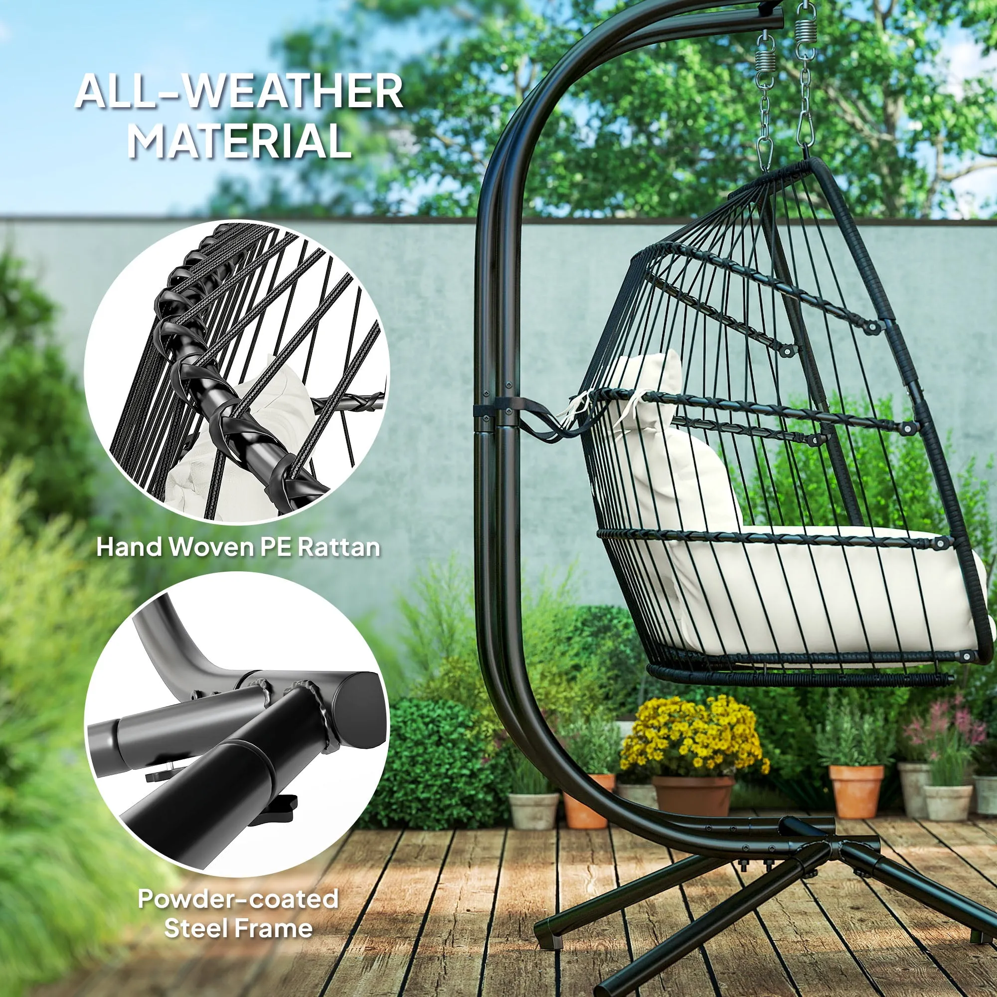 Double Wicker Egg Swing Chair with Stand, Foldable Hanging Egg Chair with UV Resistant Cushion, Headrest, Cream White