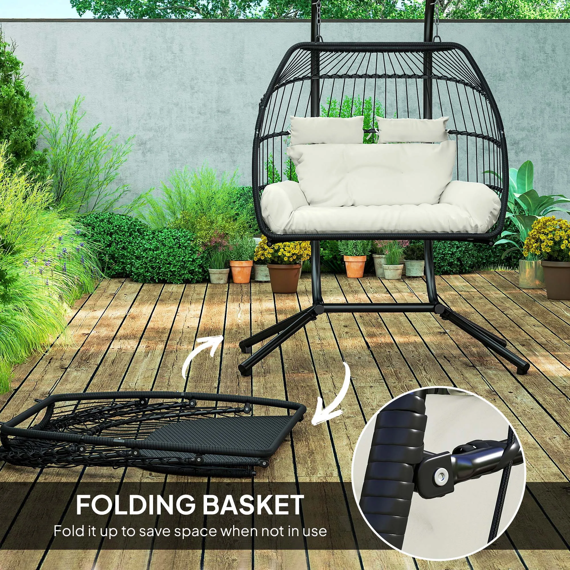 Double Wicker Egg Swing Chair with Stand, Foldable Hanging Egg Chair with UV Resistant Cushion, Headrest, Cream White