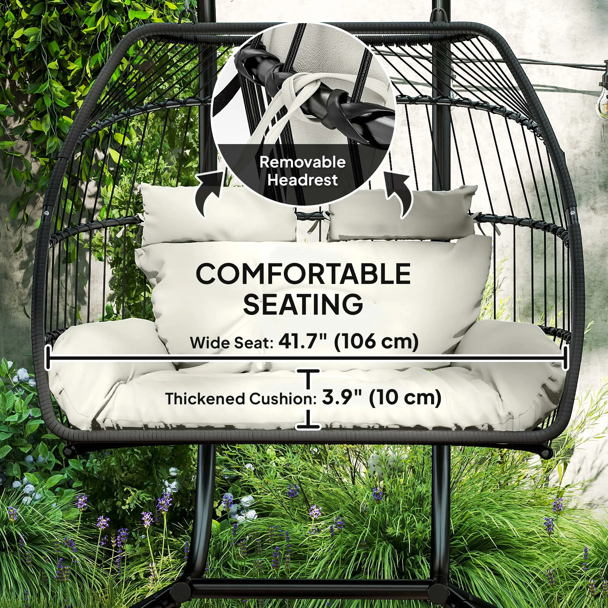 Double Wicker Egg Swing Chair with Stand, Foldable Hanging Egg Chair with UV Resistant Cushion, Headrest, Cream White