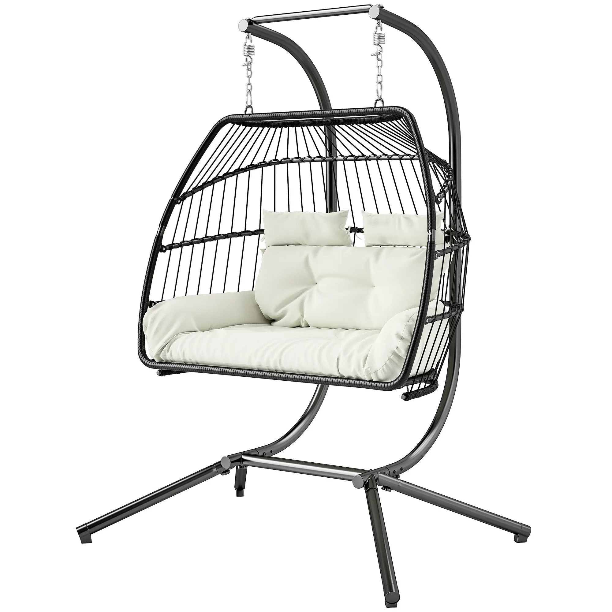 Double Wicker Egg Swing Chair with Stand, Foldable Hanging Egg Chair with UV Resistant Cushion, Headrest, Cream White