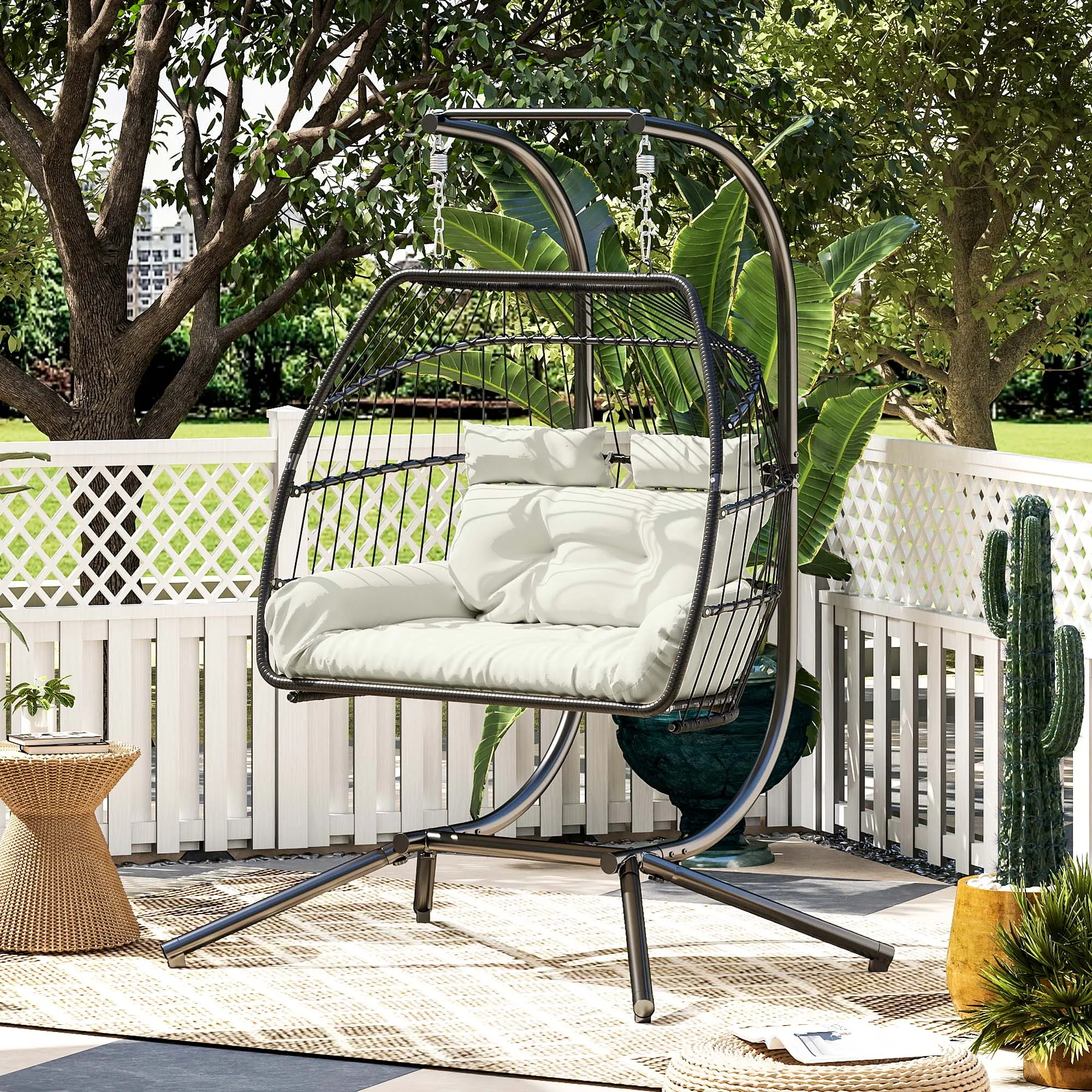 Double Wicker Egg Swing Chair with Stand, Foldable Hanging Egg Chair with UV Resistant Cushion, Headrest, Cream White