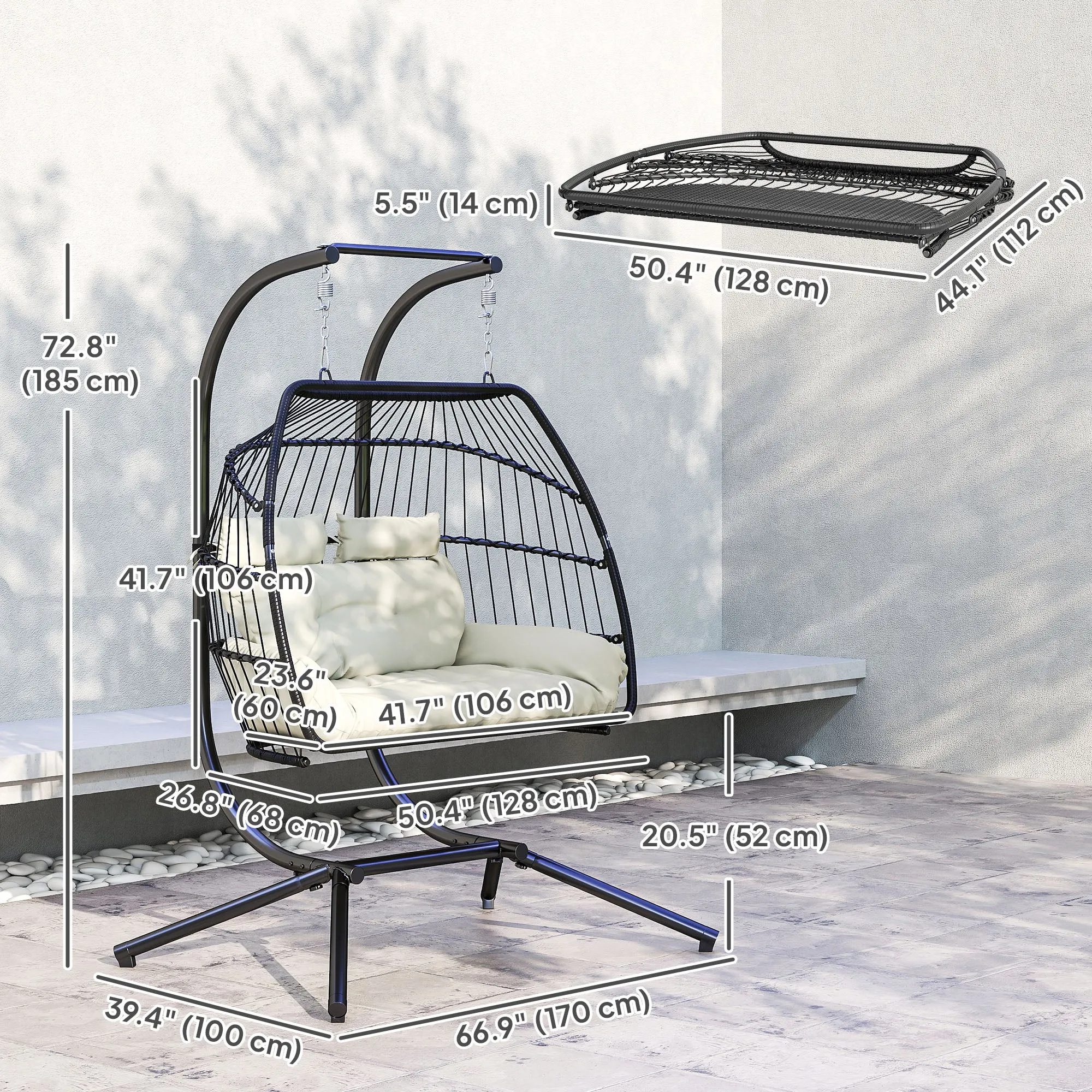Double Wicker Egg Swing Chair with Stand, Foldable Hanging Egg Chair with UV Resistant Cushion, Headrest, Cream White