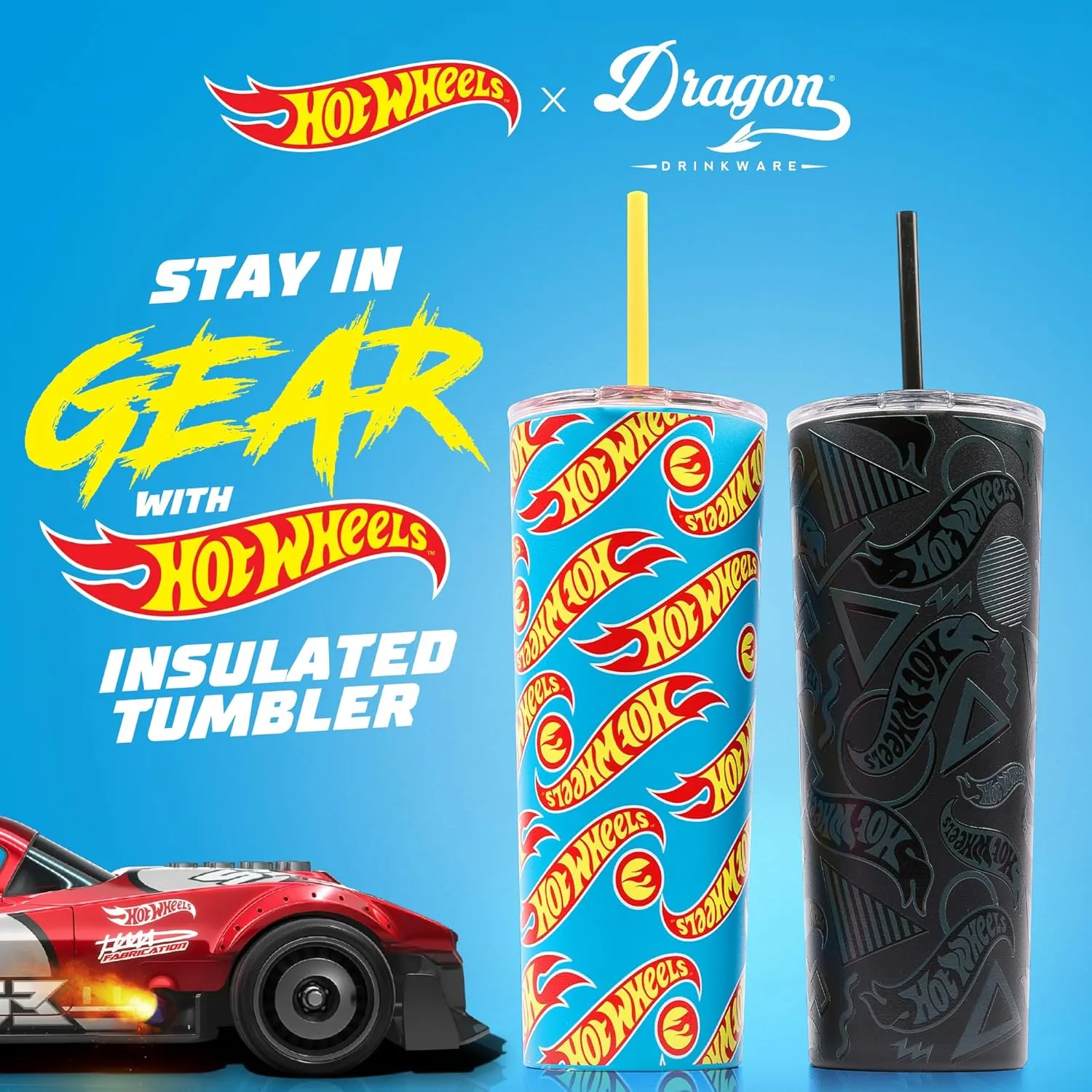 Dragon Glassware x Hot Wheels Insulated Tumbler with Lid and Straw - 24 oz Tumbler Cup with 2 Straws - Stainless Steel Tumbler with Straw for Water, Iced Tea - Travel Coffee Tumbler - Race Team