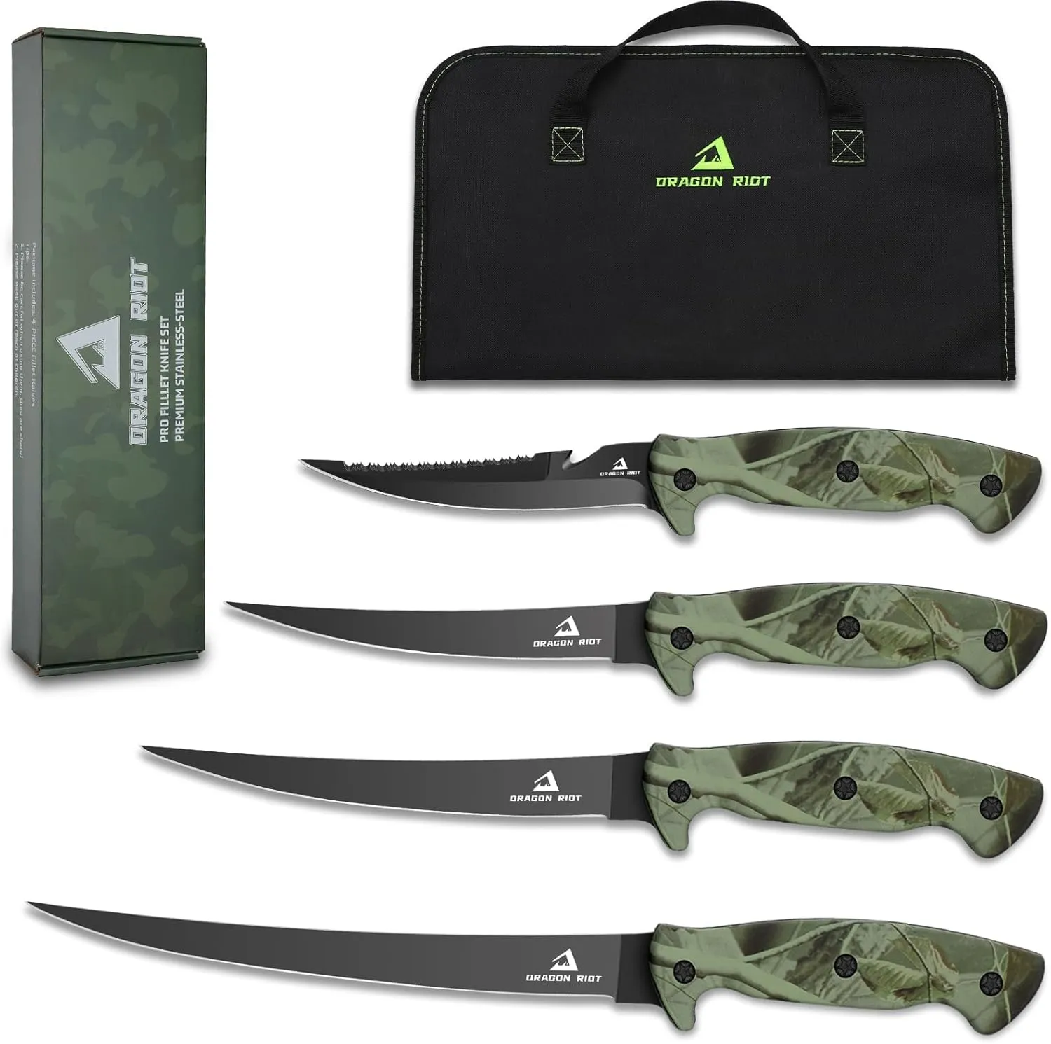 DRAGON RIOT Fish Fillet Boning Knife Set for Meat Cutting, Ultra-Sharp German Stainless-Steel Fishing Knife, Fresh or Saltwater, with A Durable Storage Bag and A Sharpenning Tool