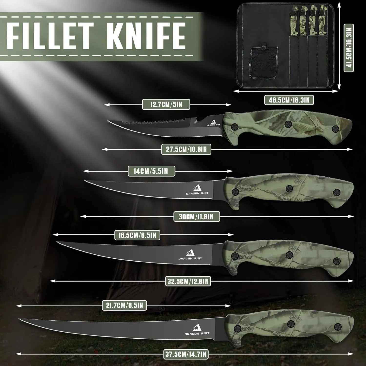 DRAGON RIOT Fish Fillet Boning Knife Set for Meat Cutting, Ultra-Sharp German Stainless-Steel Fishing Knife, Fresh or Saltwater, with A Durable Storage Bag and A Sharpenning Tool