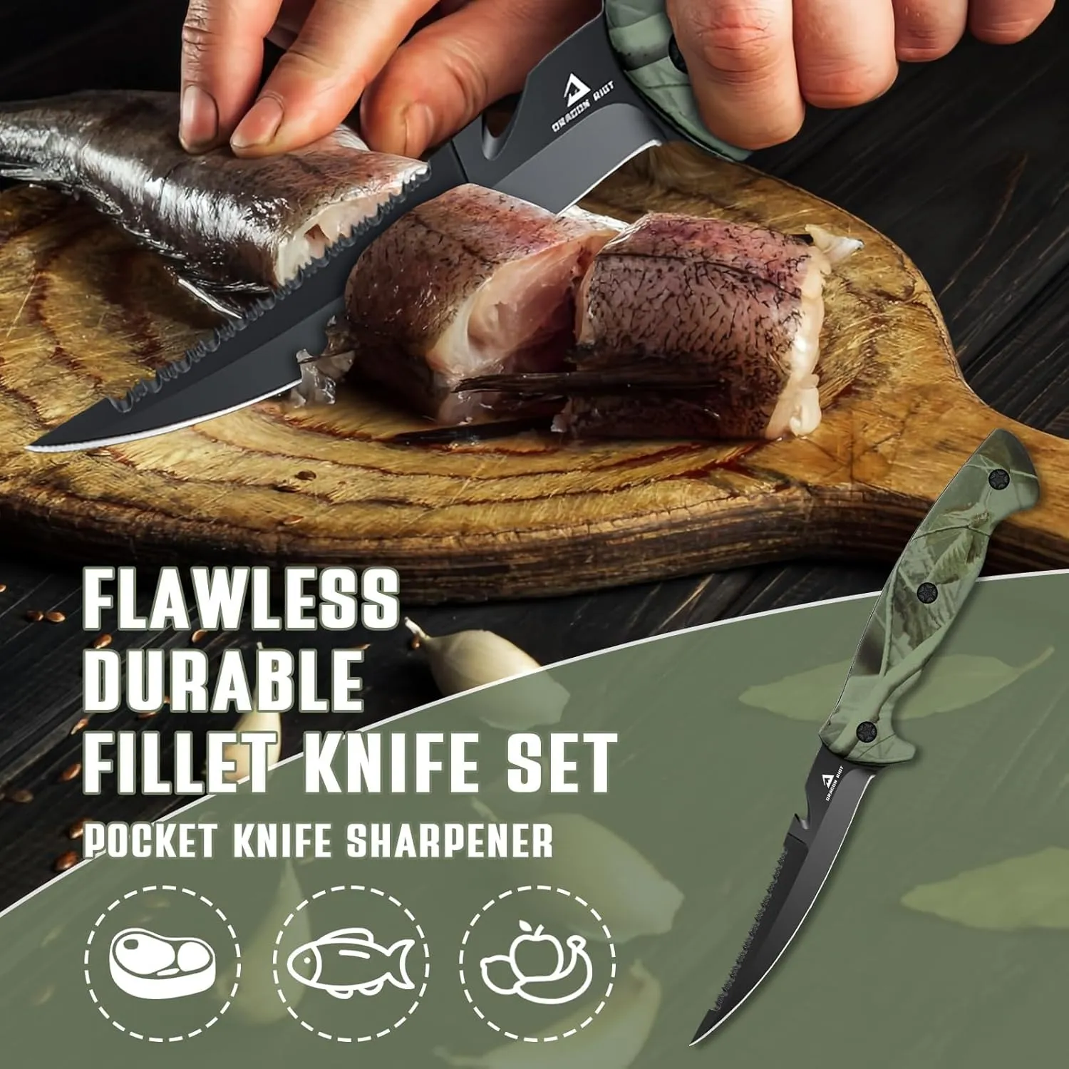DRAGON RIOT Fish Fillet Boning Knife Set for Meat Cutting, Ultra-Sharp German Stainless-Steel Fishing Knife, Fresh or Saltwater, with A Durable Storage Bag and A Sharpenning Tool