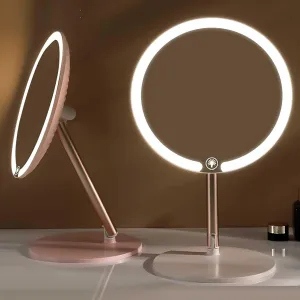 Dressing Table Mirror White/Pink Compact Folding Mirror Cosmetic Mirror Round Mirror Lighted Vanity Mirror Dimmable Brightness for Bedroom Living Room Entryway(Pink)