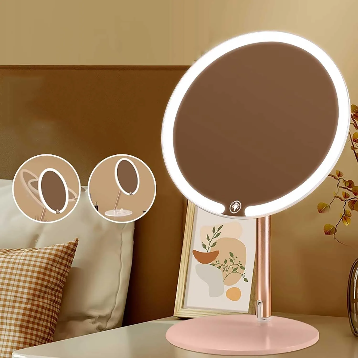 Dressing Table Mirror White/Pink Compact Folding Mirror Cosmetic Mirror Round Mirror Lighted Vanity Mirror Dimmable Brightness for Bedroom Living Room Entryway(Pink)