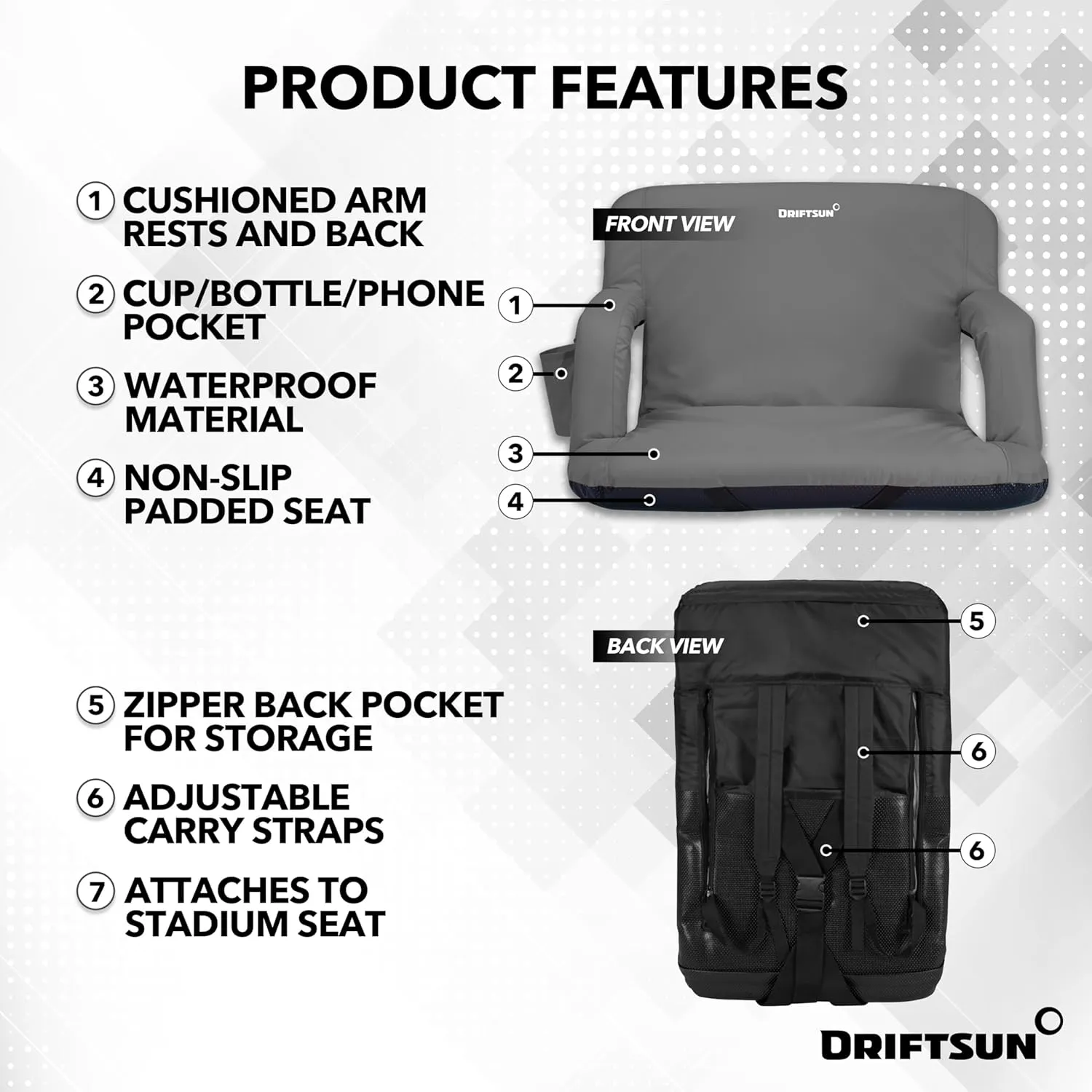 Driftsun Extra Wide Stadium Seats with Back Support - Deluxe Foldable Stadium Chairs for Bleachers - Folding Waterproof Sport Chair - Easy to Transport