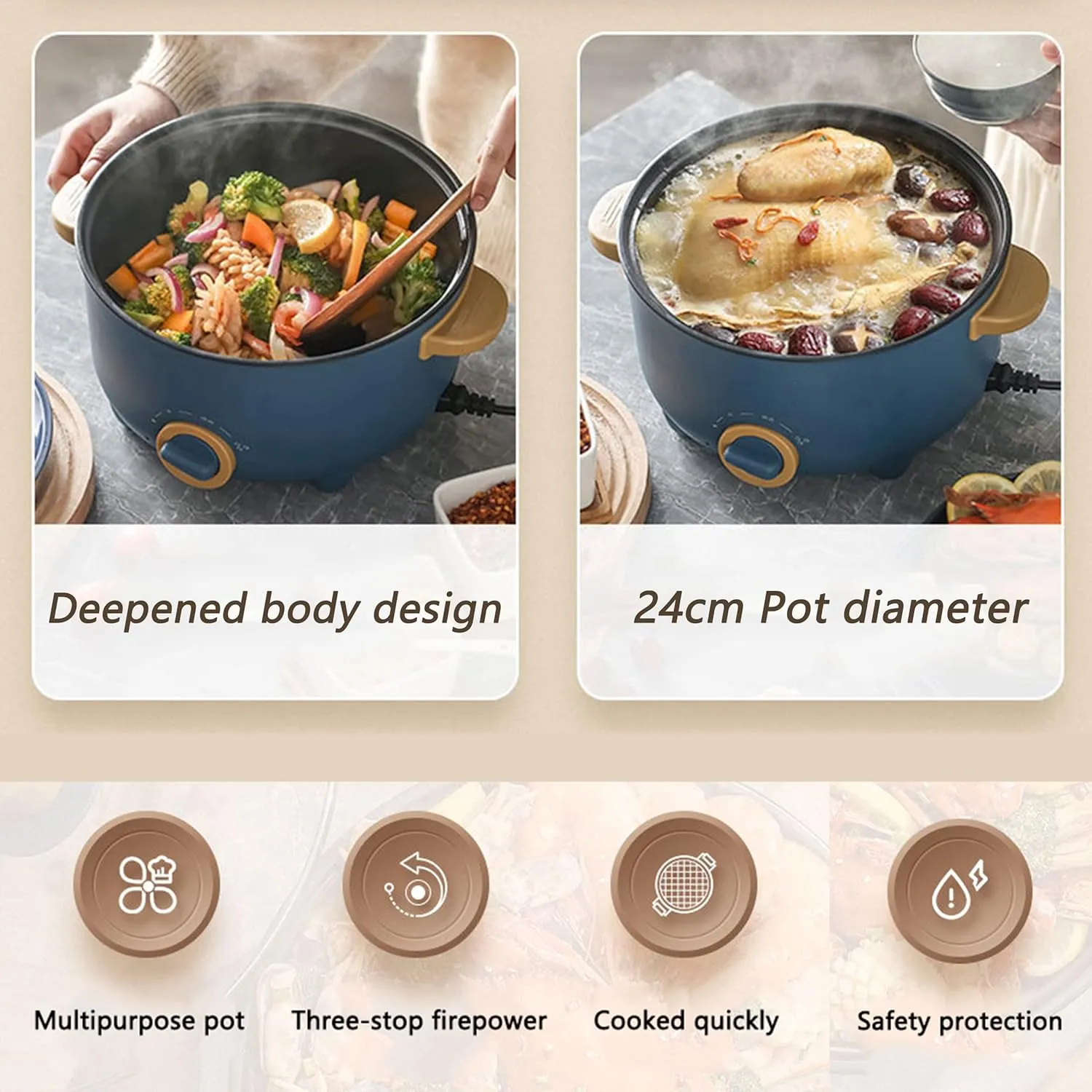Drizzle 3L Hot Pot Cooker Skillet Steamer- Multifunction Frying Pan 110V Non-Stick Grill Stir-fried Stewed Cookware Steak Noodle Ramen Shabu Shabu Pot - Home Office Party Kitchen Dorm Cooking Blue
