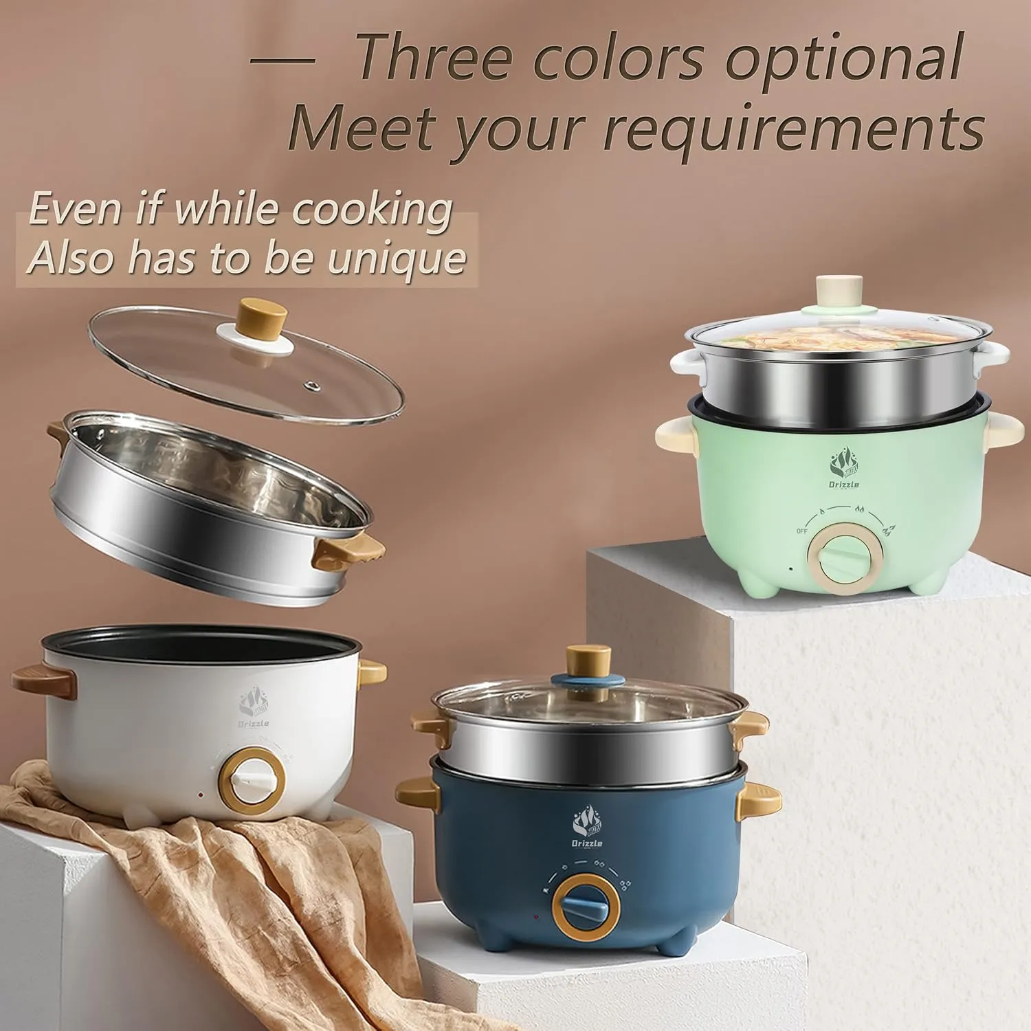 Drizzle 3L Hot Pot Cooker Skillet Steamer- Multifunction Frying Pan 110V Non-Stick Grill Stir-fried Stewed Cookware Steak Noodle Ramen Shabu Shabu Pot - Home Office Party Kitchen Dorm Cooking Blue