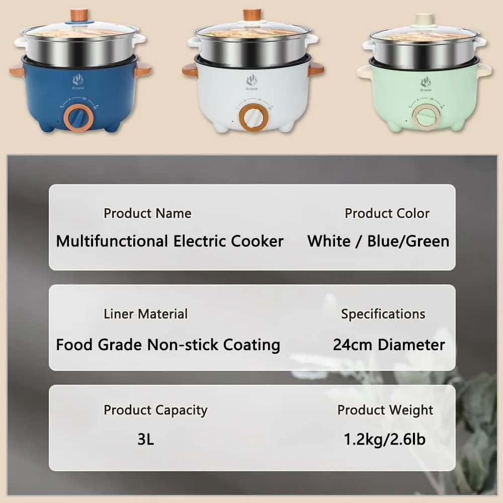 Drizzle 3L Hot Pot Cooker Skillet Steamer- Multifunction Frying Pan 110V Non-Stick Grill Stir-fried Stewed Cookware Steak Noodle Ramen Shabu Shabu Pot - Home Office Party Kitchen Dorm Cooking Blue