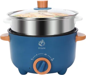 Drizzle 3L Hot Pot Cooker Skillet Steamer- Multifunction Frying Pan 110V Non-Stick Grill Stir-fried Stewed Cookware Steak Noodle Ramen Shabu Shabu Pot - Home Office Party Kitchen Dorm Cooking Blue