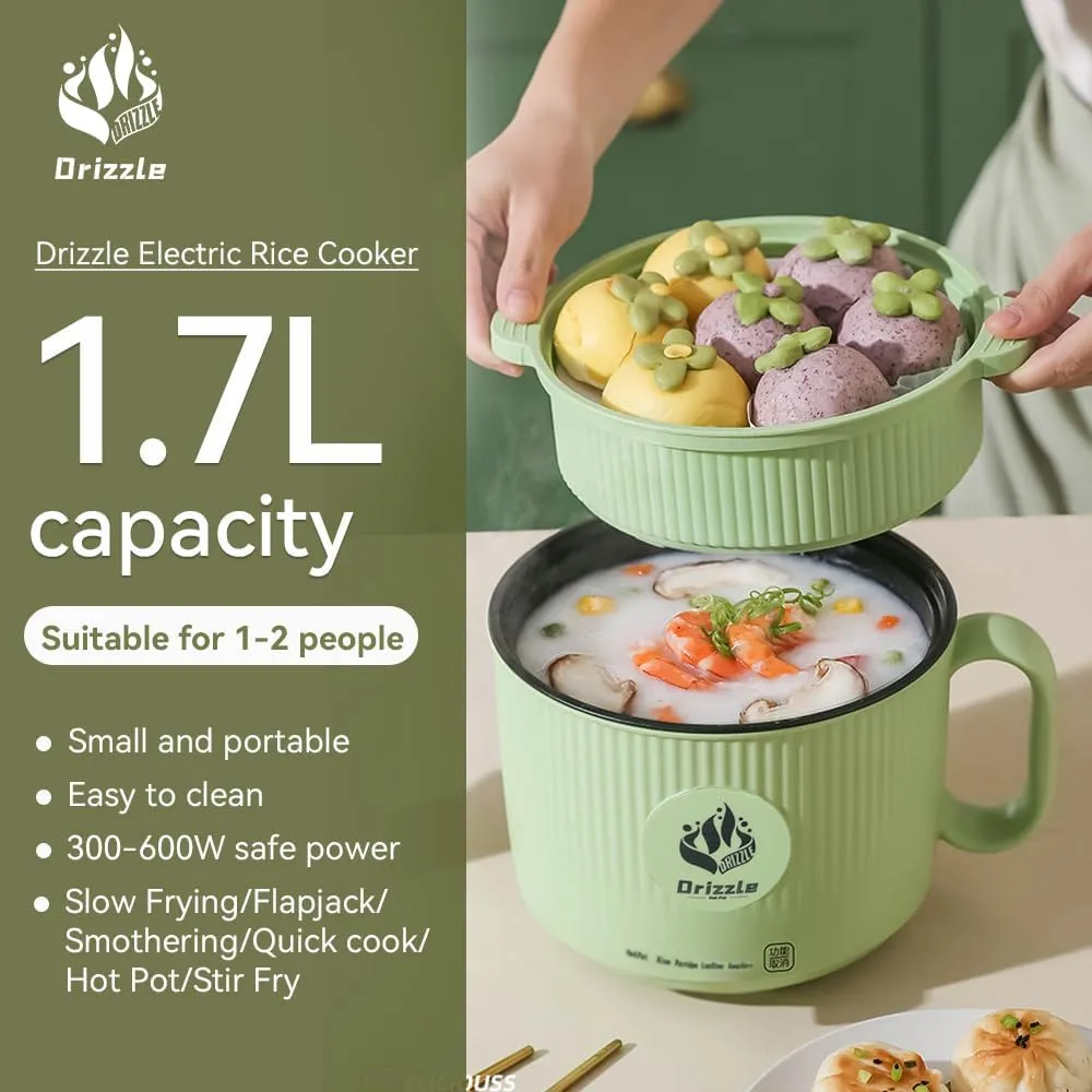 Drizzle Drizzle Electric Hot Pot Cooker 1.7L - Portable Smart Food Maker with Steamer Non-Stick Skillet Stir Fry Cooker Ramen Noodles Steak Egg Oatmeal Shabu-Shabu - Dormitory Office Camping Power
