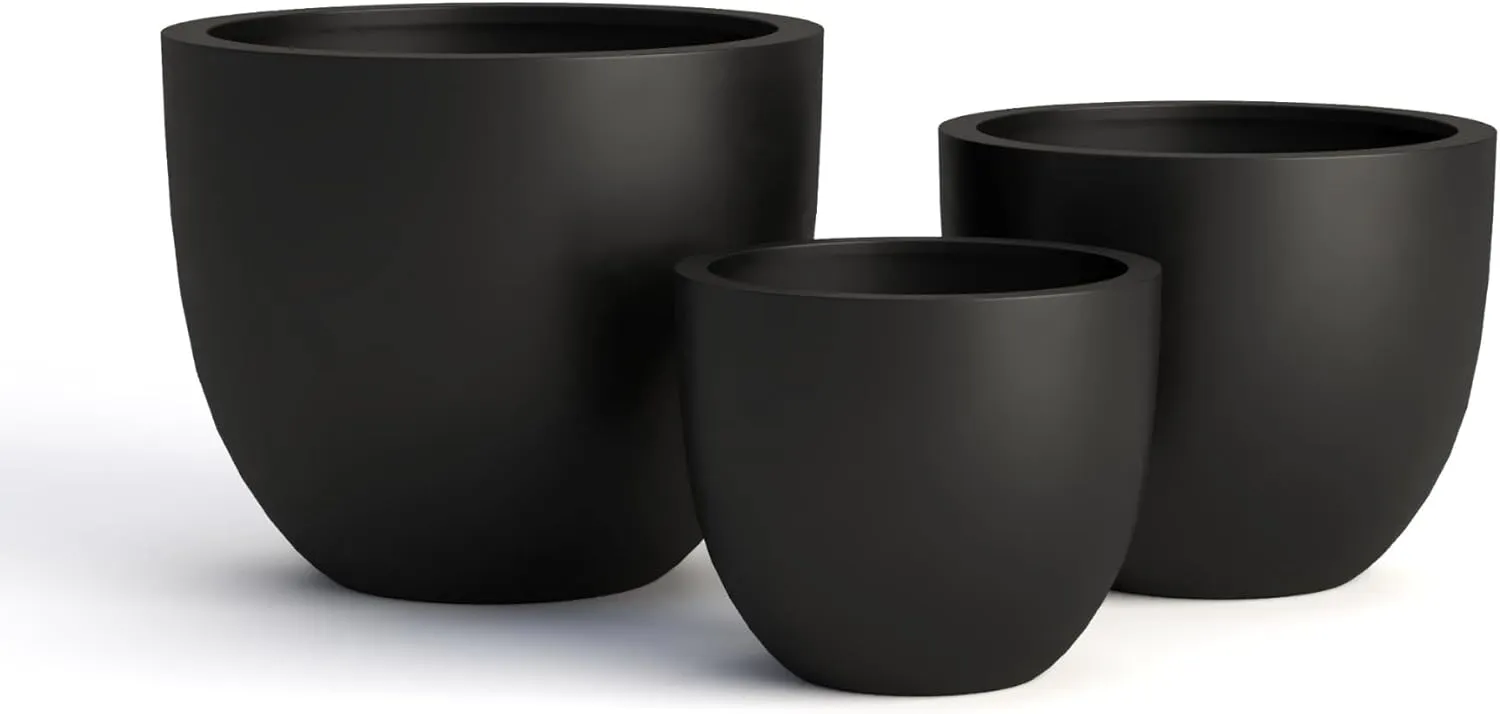 DTY Signature Mount Belford Lightweight and Durable Modern Fiberstone Egg Shaped Planter for Indoor Outdoor Drainage Hole & Rubber Plug Weather Resistant, 15" H x 18" Dia, 15.5" Opening - Large, Black