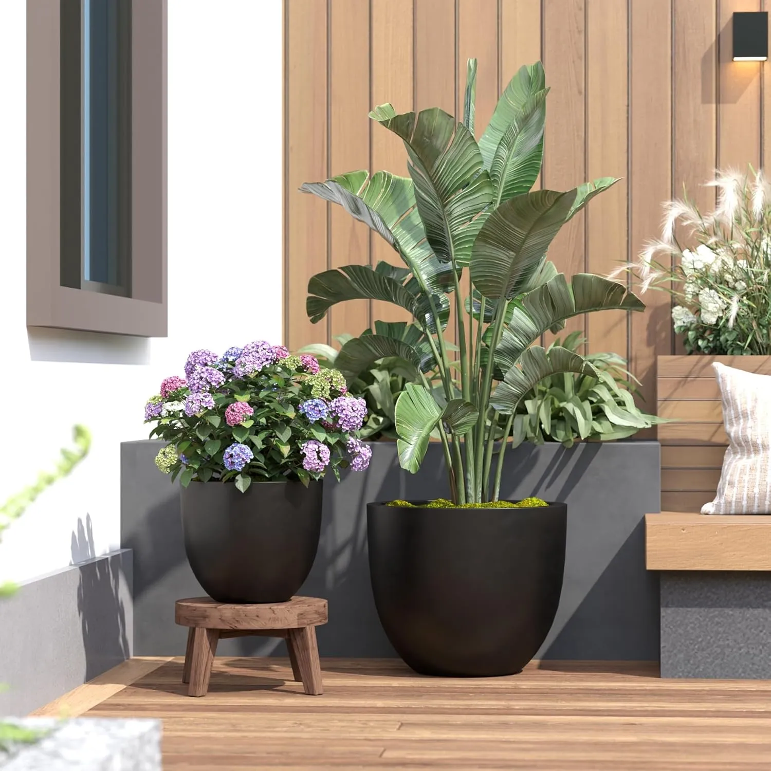 DTY Signature Mount Belford Lightweight and Durable Modern Fiberstone Egg Shaped Planter for Indoor Outdoor Drainage Hole & Rubber Plug Weather Resistant, 15" H x 18" Dia, 15.5" Opening - Large, Black