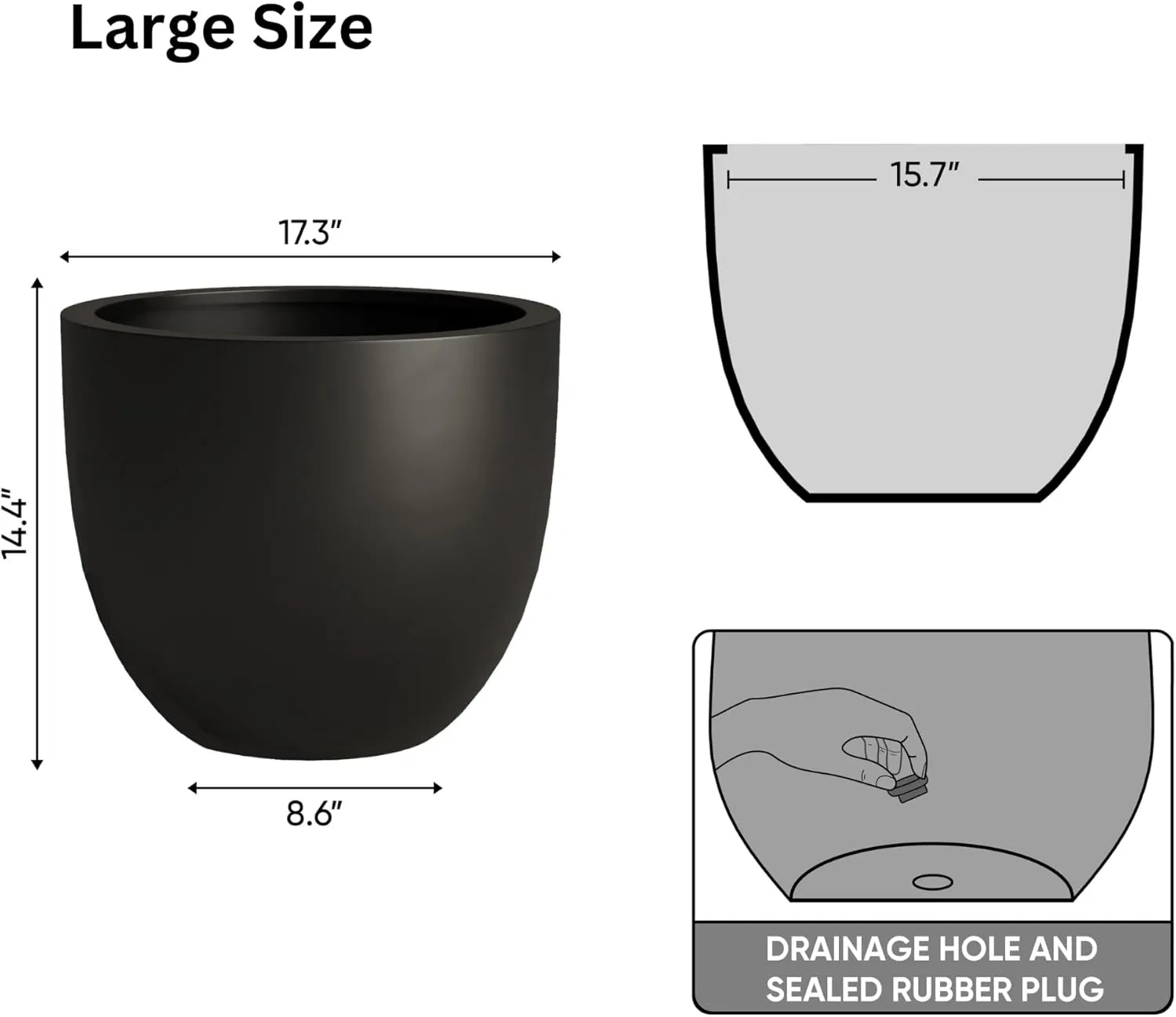 DTY Signature Mount Belford Lightweight and Durable Modern Fiberstone Egg Shaped Planter for Indoor Outdoor Drainage Hole & Rubber Plug Weather Resistant, 15" H x 18" Dia, 15.5" Opening - Large, Black