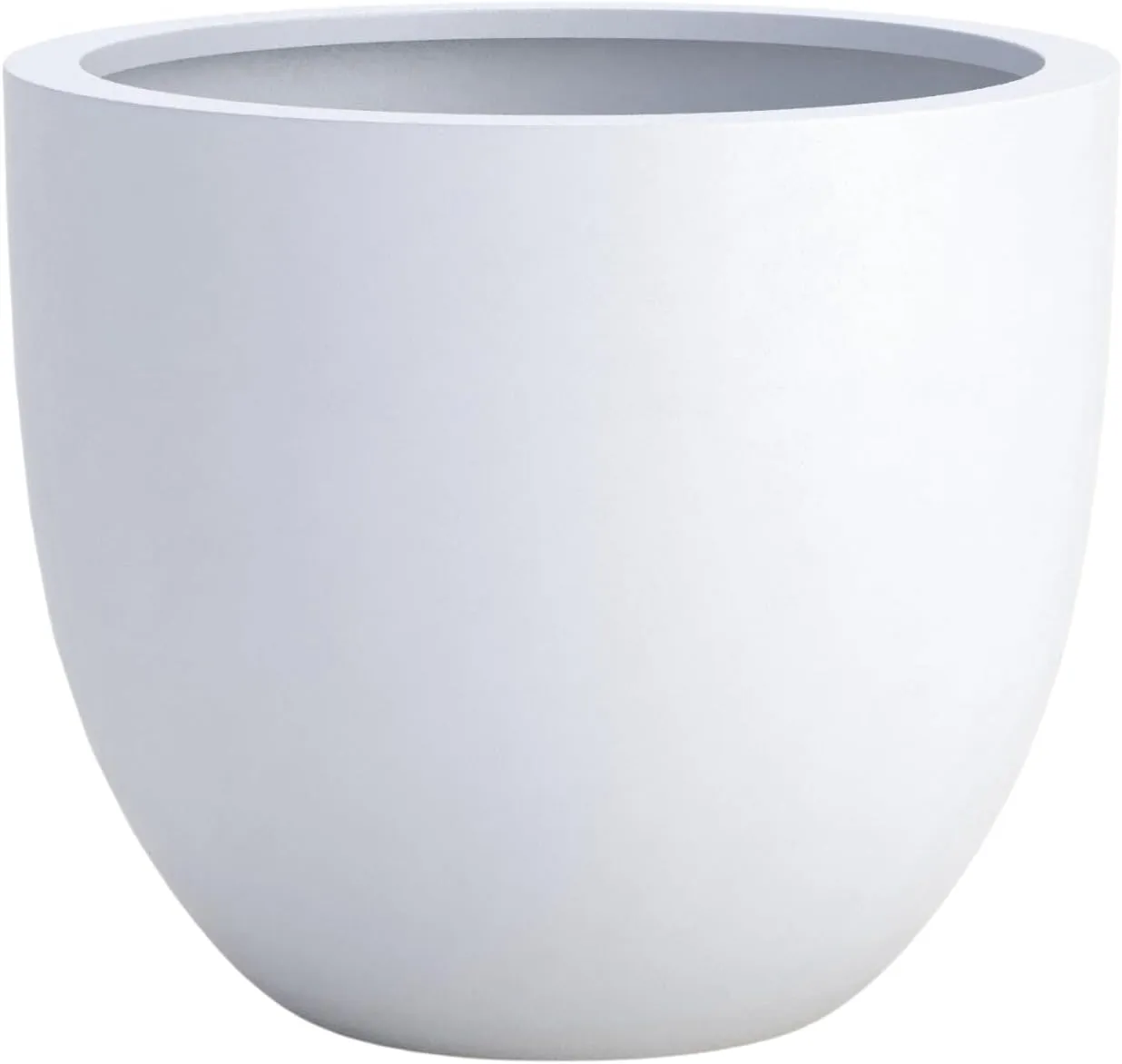 DTY Signature Mount Belford Lightweight and Durable Modern Fiberstone Egg Shaped Planter for Indoor Outdoor Drainage Hole & Rubber Plug Weather Resistant, 15" H x 18" Dia, 5.5" Opening - Large, White