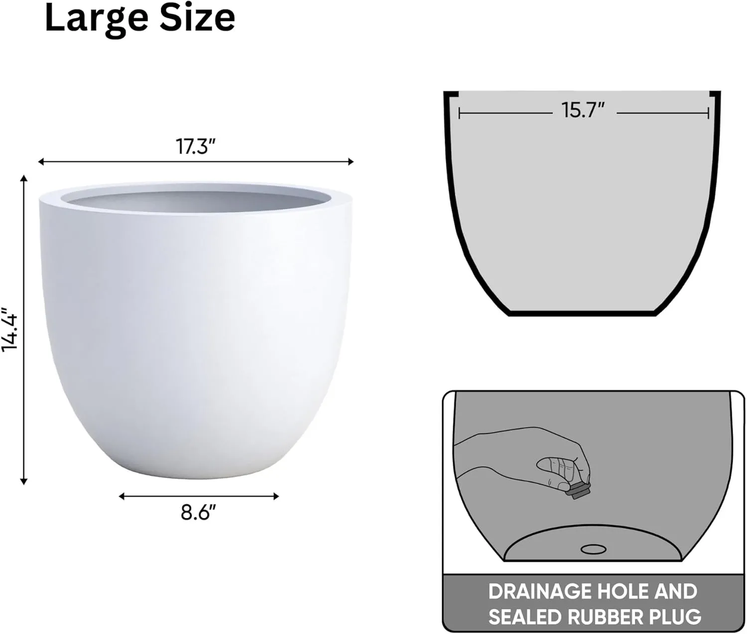 DTY Signature Mount Belford Lightweight and Durable Modern Fiberstone Egg Shaped Planter for Indoor Outdoor Drainage Hole & Rubber Plug Weather Resistant, 15" H x 18" Dia, 5.5" Opening - Large, White