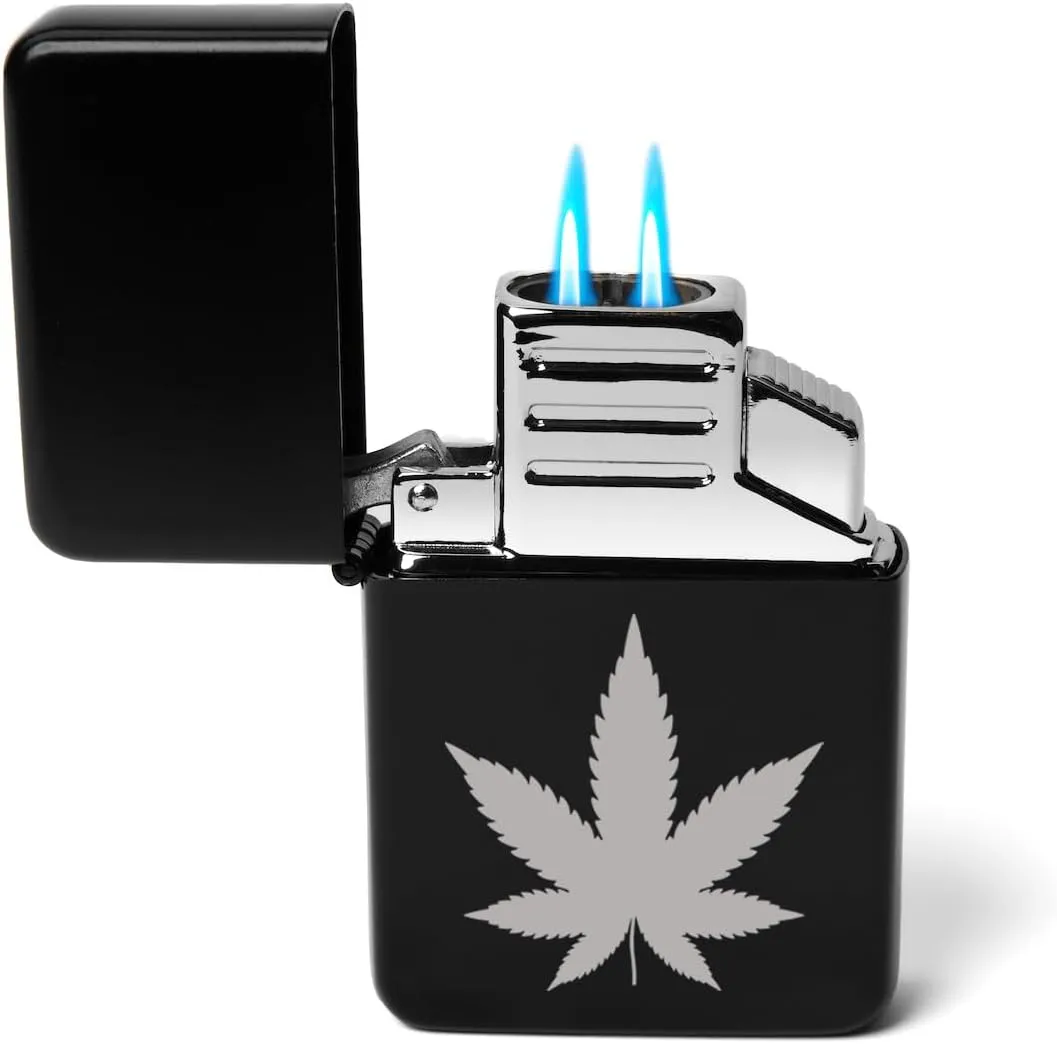 Dual Flame Torch Lighter Cannabis Marijuana Pot Leaf (Black)