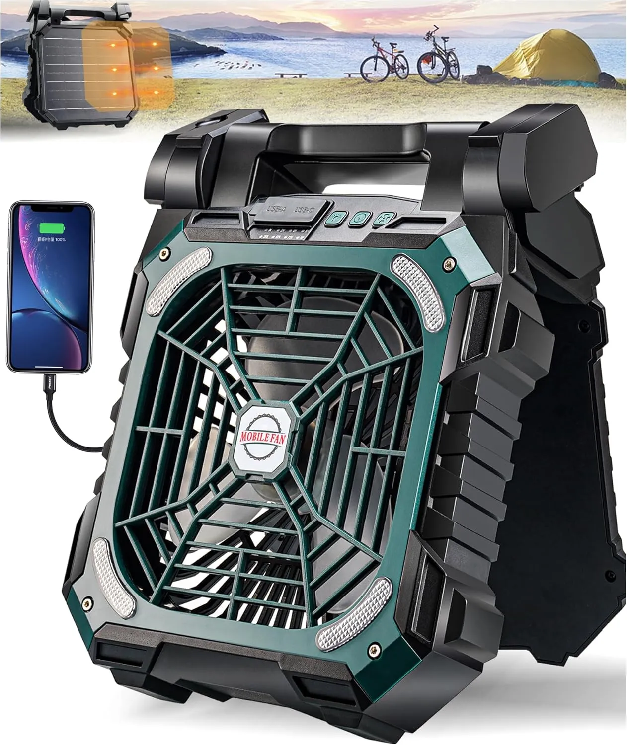 DUKUSEEK 10" Solar Power Camping Fan with 8.5W/7V Solar Panel, 10400mAh Battery Operated Portable Fans, 90° Adjustable Desk Fan, Rechargeable USB Powered Personal Cooler with Light for Picnic Fishinig