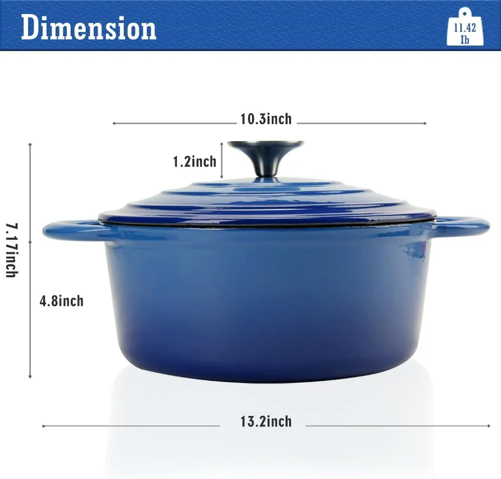 Dutch Oven 5 Quart Enameled Cast Iron Dutch Oven Pot with Self Basting lid Blue Heavy Duty Dutch Ovens Dual Handles Porcelain Enameled Cast Iron Pot Family or Friends Gifts