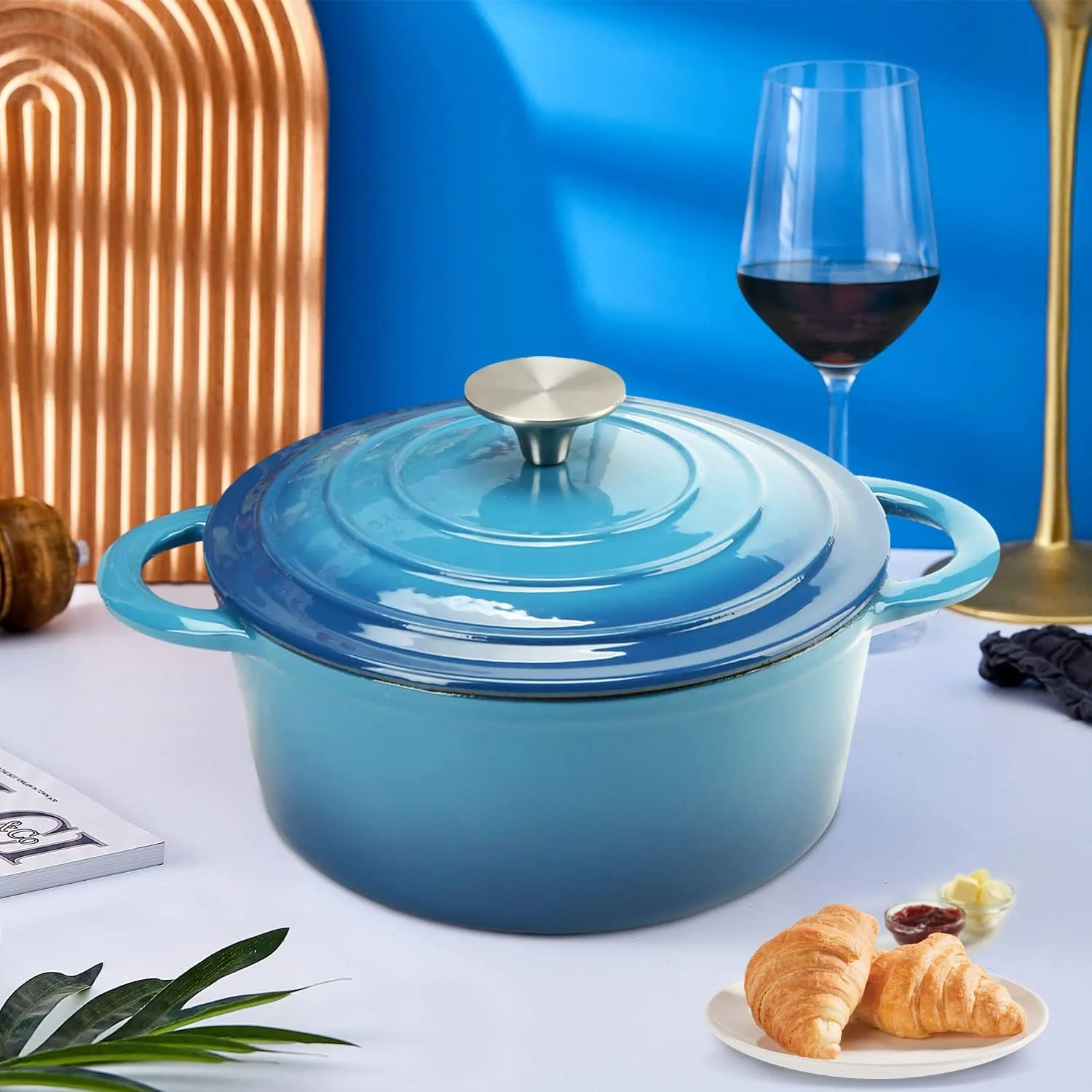 Dutch Oven 5 Quart Enameled Cast Iron Dutch Oven Pot with Self Basting lid Blue Heavy Duty Dutch Ovens Dual Handles Porcelain Enameled Cast Iron Pot Family or Friends Gifts