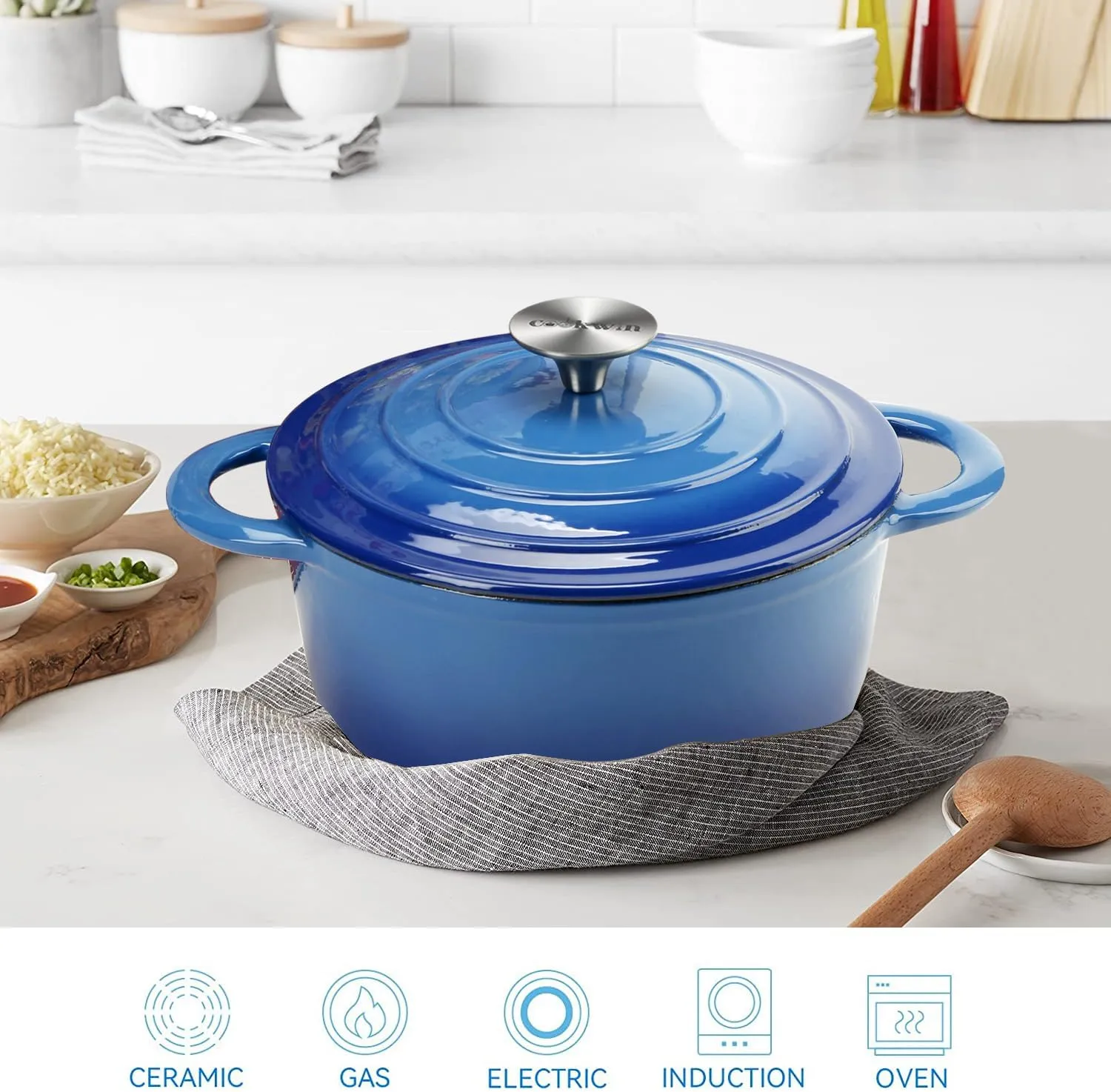 Dutch Oven 5 Quart Enameled Cast Iron Dutch Oven Pot with Self Basting lid Blue Heavy Duty Dutch Ovens Dual Handles Porcelain Enameled Cast Iron Pot Family or Friends Gifts