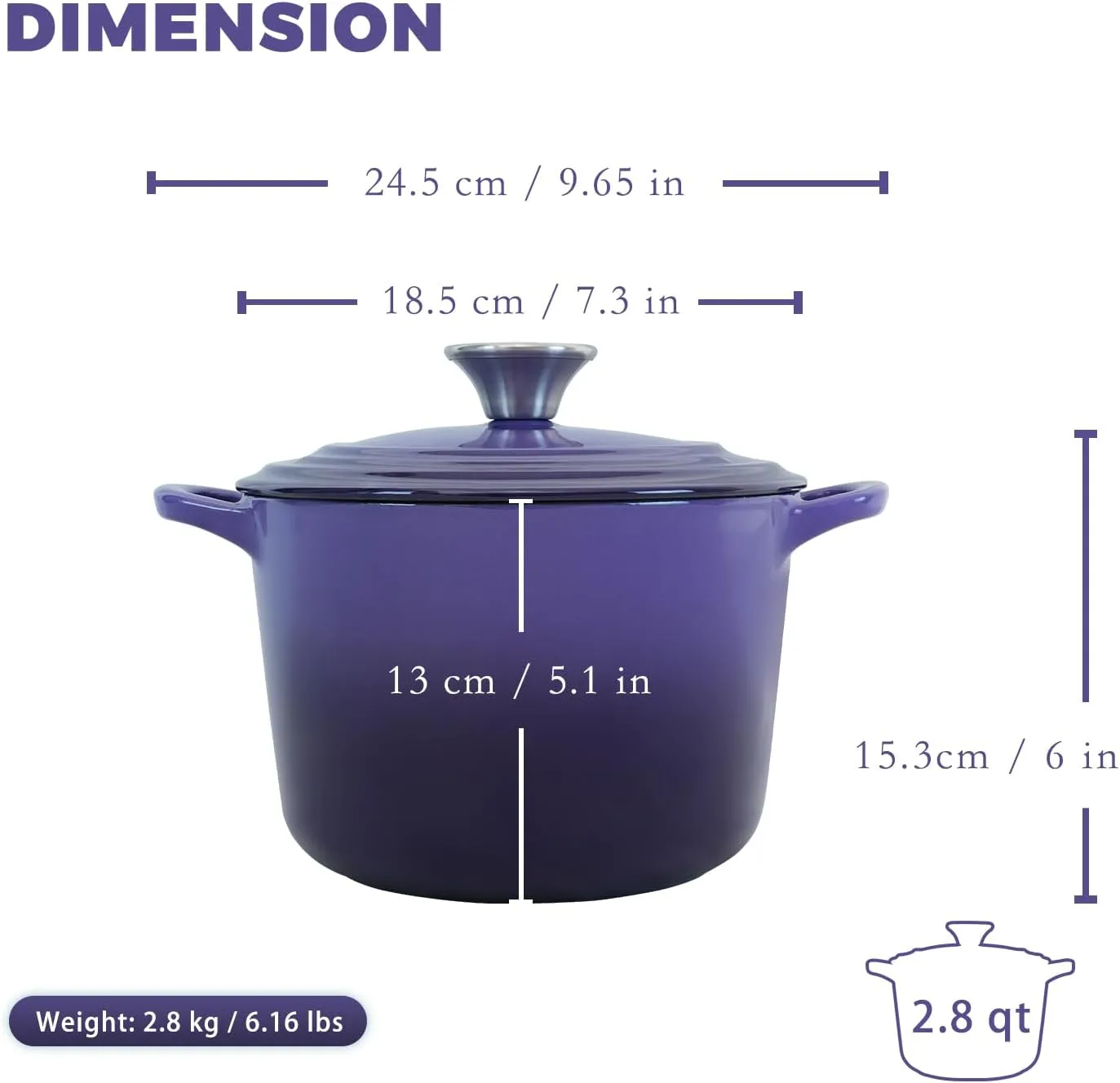 Dutch Oven Pot with Lid 2.8 qt Cast Iron Dutch Oven for Bread Baking Purple Enameled Cast Iron Rice Pot with Handels