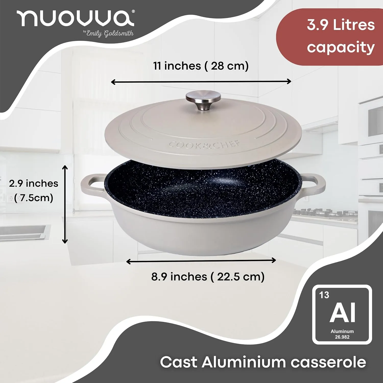 Dutch Oven Pot with Lid – Non Stick Dutch Oven for Sourdough Bread Baking – Cast Aluminum Cooking Pot – Oven Safe Stock Pot – 4-Quart, 11 Inch, Gray – by Nuovva