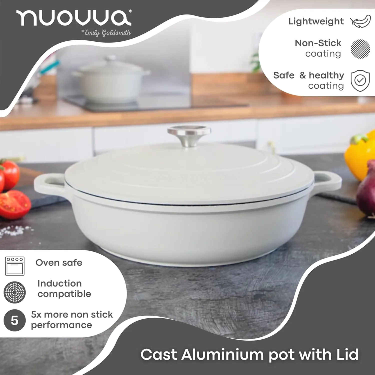 Dutch Oven Pot with Lid – Non Stick Dutch Oven for Sourdough Bread Baking – Cast Aluminum Cooking Pot – Oven Safe Stock Pot – 4-Quart, 11 Inch, Gray – by Nuovva
