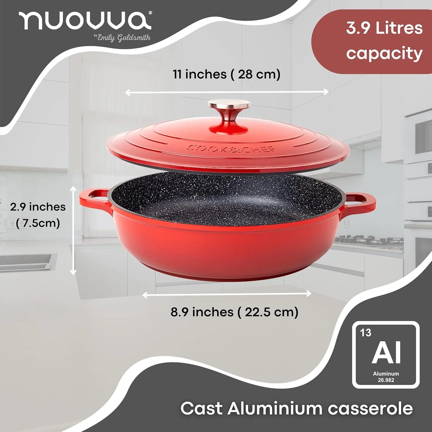 Dutch Oven Pot with Lid – Non Stick Dutch Oven for Sourdough Bread Baking – Cast Aluminum Cooking Pot – Oven Safe Stock Pot – 4-Quart, 11 Inch, Red – by Nuovva