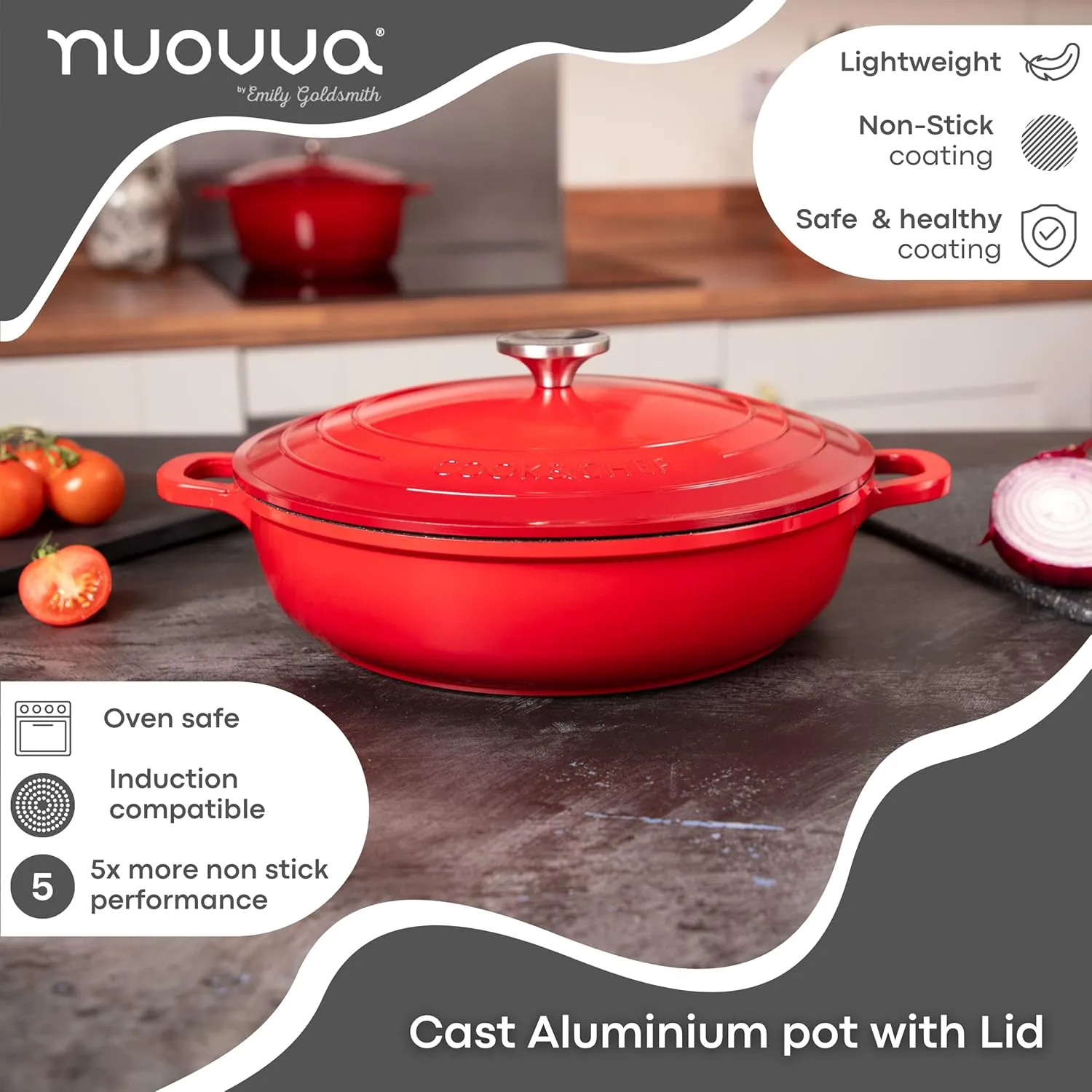 Dutch Oven Pot with Lid – Non Stick Dutch Oven for Sourdough Bread Baking – Cast Aluminum Cooking Pot – Oven Safe Stock Pot – 4-Quart, 11 Inch, Red – by Nuovva