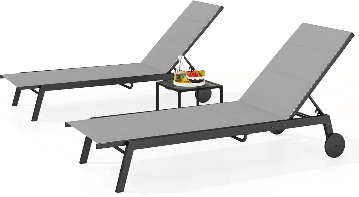 DWVO Outdoor Chaise Lounge Set, 2 Patio Chaise Lounge Chairs with Side Table, Padded Textile Pool Loungers with 5-Level Backrest and Wheels for Beach, Lawn, Porch, Garden (Grey)