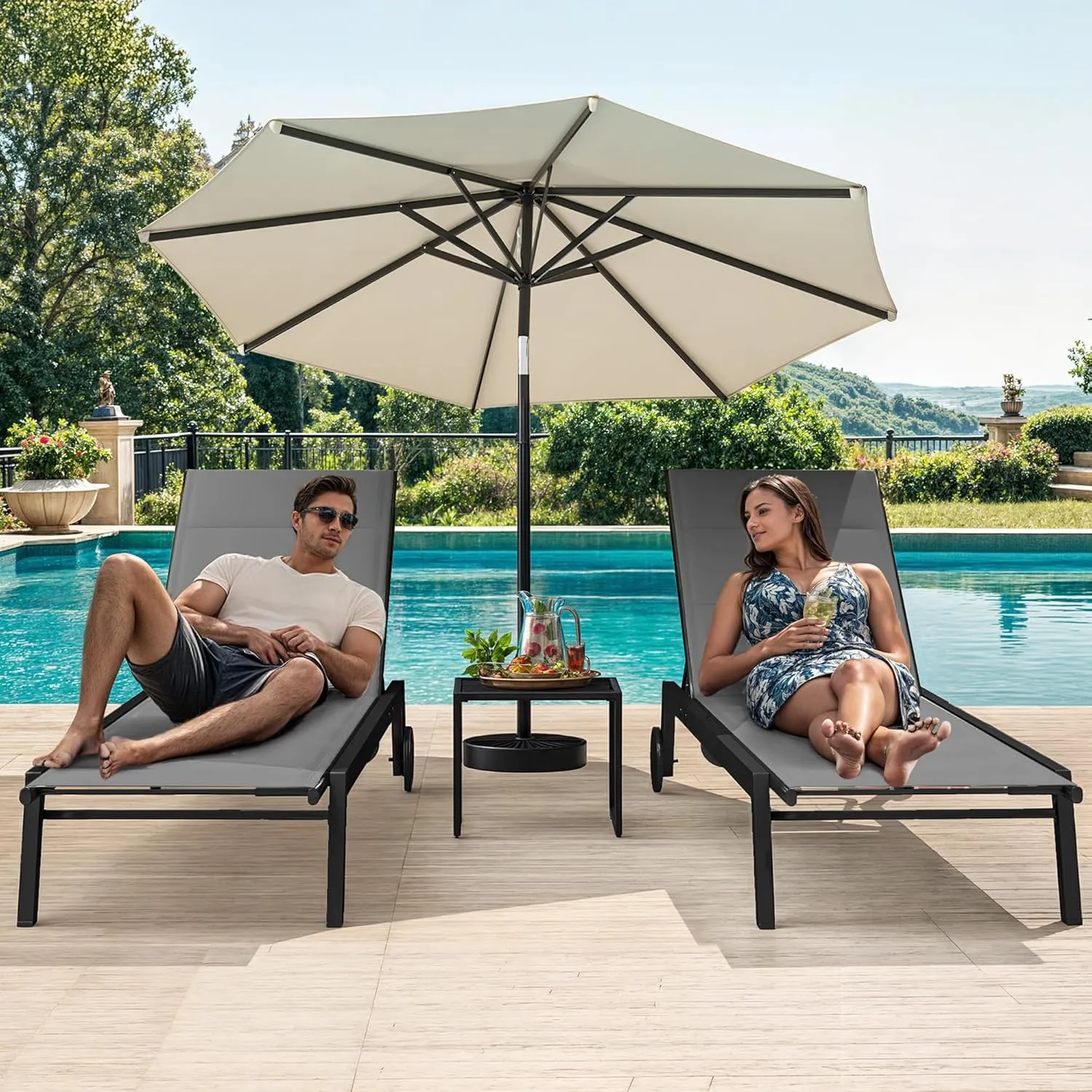 DWVO Outdoor Chaise Lounge Set, 2 Patio Chaise Lounge Chairs with Side Table, Padded Textile Pool Loungers with 5-Level Backrest and Wheels for Beach, Lawn, Porch, Garden (Grey)