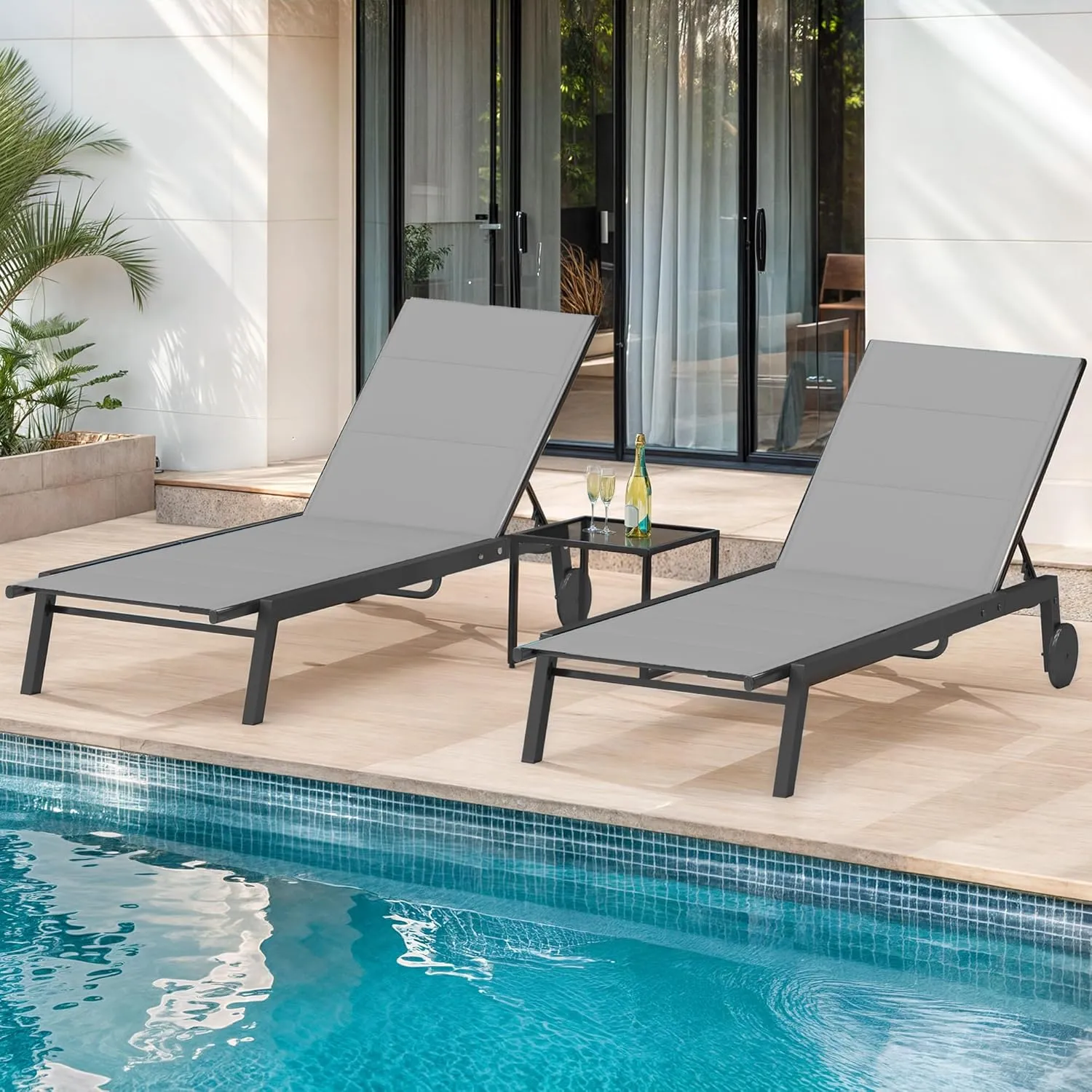 DWVO Outdoor Chaise Lounge Set, 2 Patio Chaise Lounge Chairs with Side Table, Padded Textile Pool Loungers with 5-Level Backrest and Wheels for Beach, Lawn, Porch, Garden (Grey)