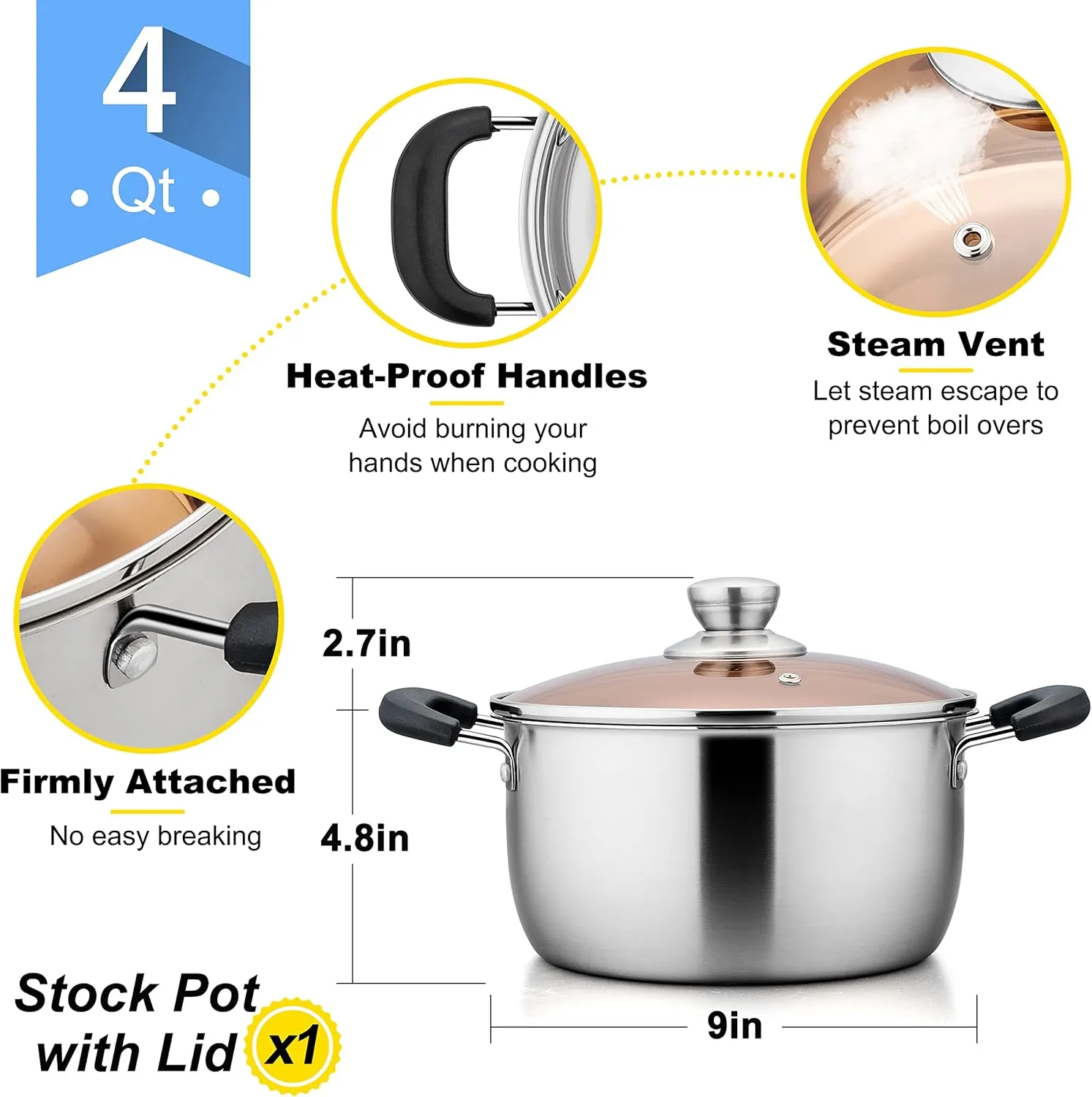 E-far 4 Quart Stock Pot, Stainless Steel Metal Soup Pot with Glass Lid for Cooking, Healthy & Rust Free, Heavy Duty & Dishwasher Safe