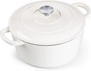 E-far 7QT Enameled Dutch Oven, Cast Iron Dutch Oven Pot with Lid for Cooking/Bread Baking/Braising/Roasting/Stewing, Heavy Duty Round Nonstick Cookware Safe for Induction & Oven - White