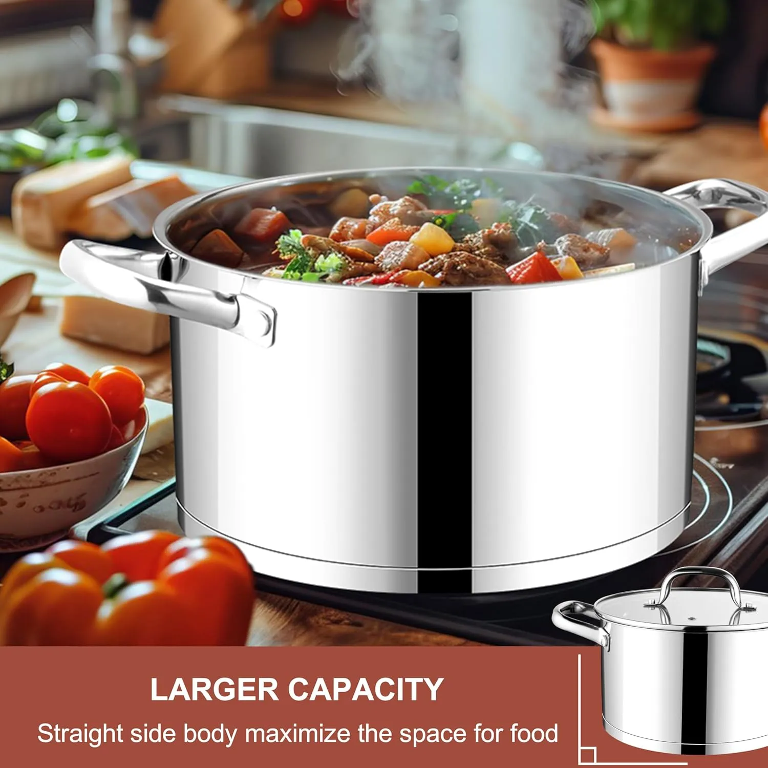 E-far Stainless Steel Stock Pot, 8 Quart Tri-ply Base Cooking Pot with Glass Lid, Induction Soup Pot Compatible with All Stoves, Nontoxic & Thick Bottom, Oven & Dishwasher Safe