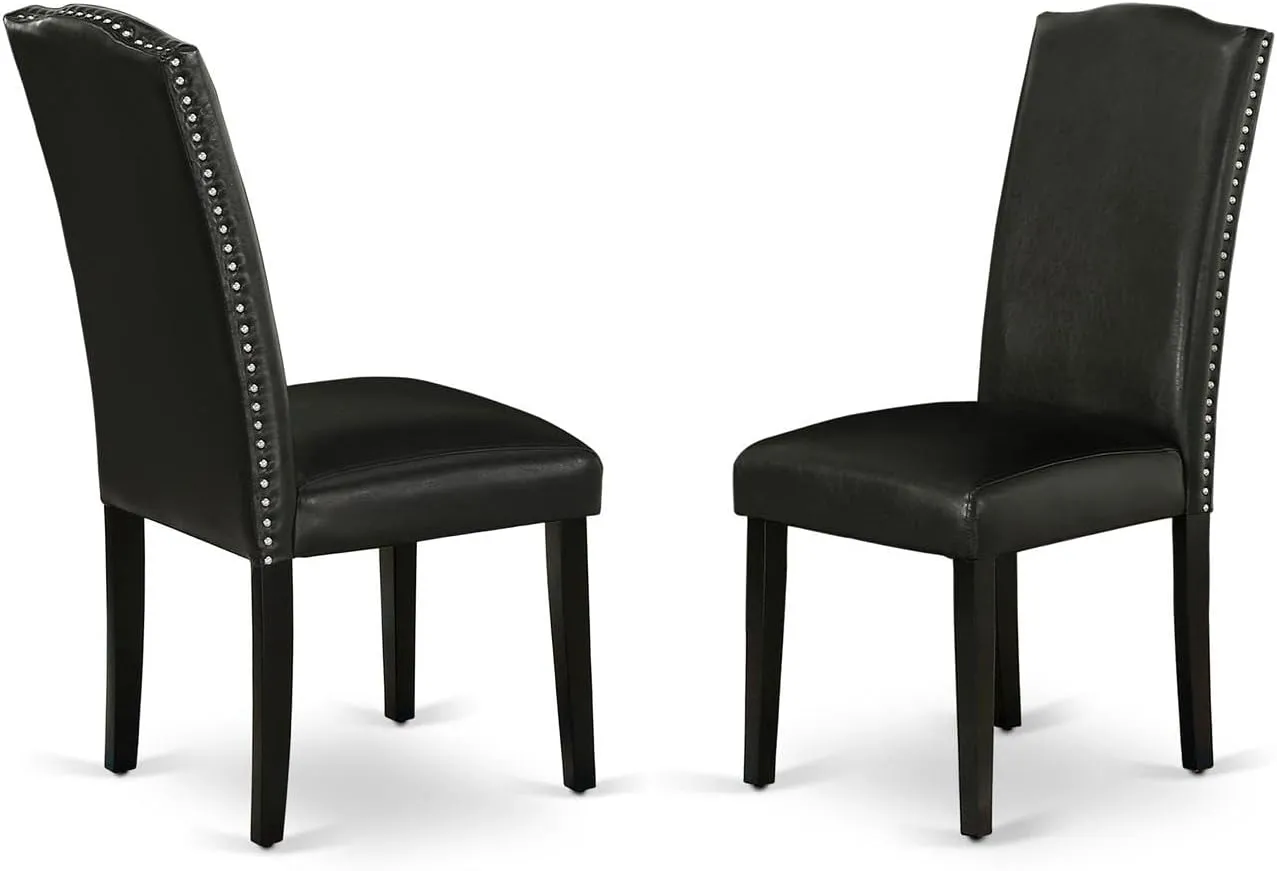 East West Furniture ENP1T69 Encinal Parson Dining Room Chairs - Nailhead Trim Black Faux Leather Padded Chairs, Set of 2, Black