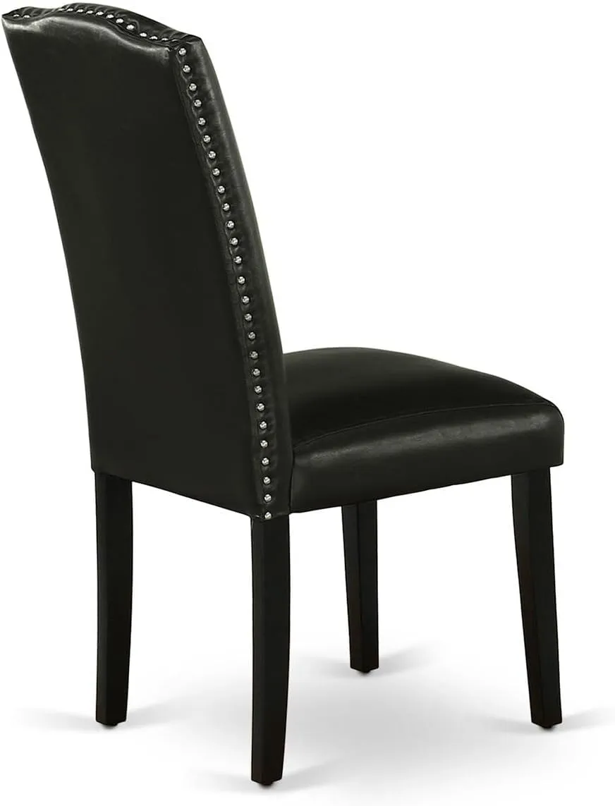 East West Furniture ENP1T69 Encinal Parson Dining Room Chairs - Nailhead Trim Black Faux Leather Padded Chairs, Set of 2, Black