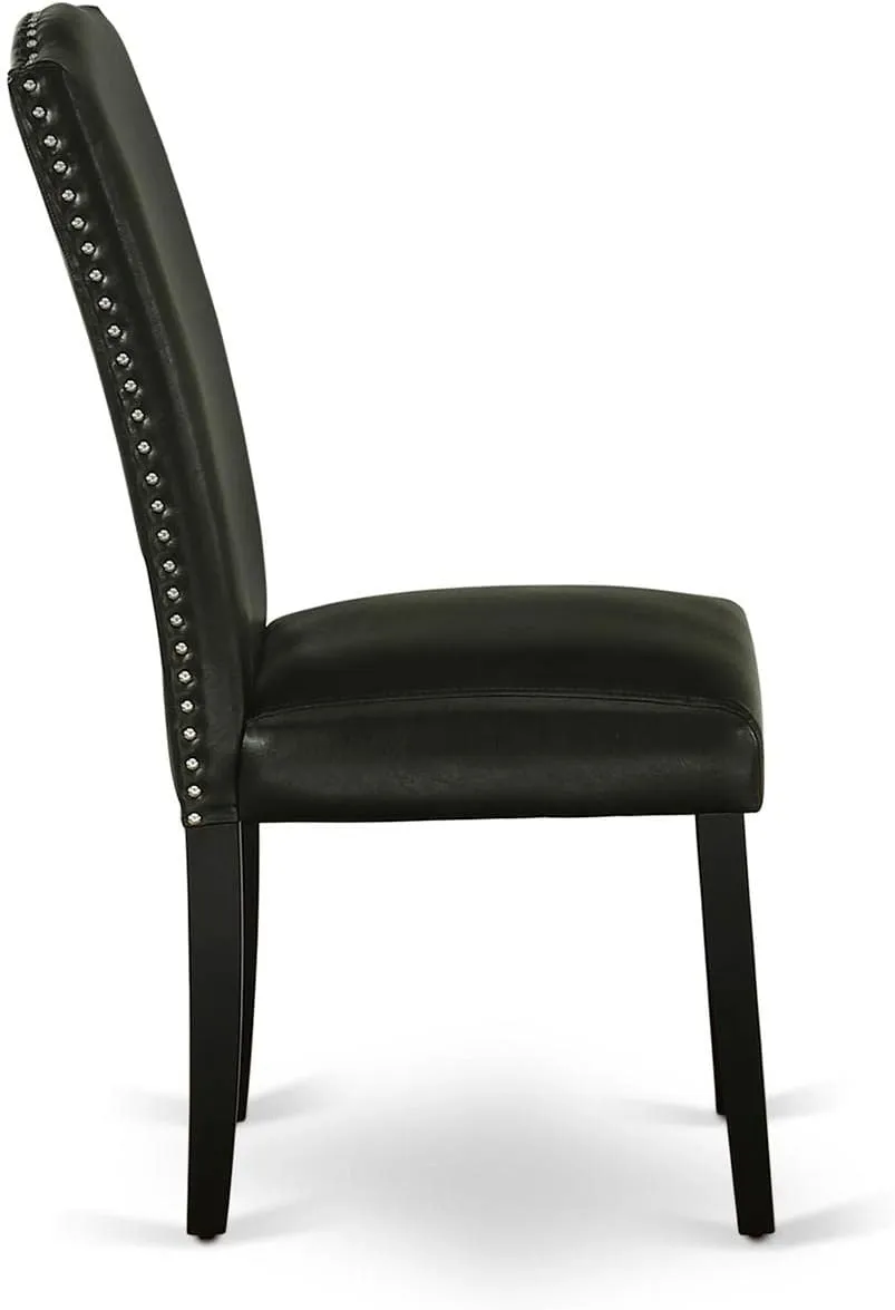 East West Furniture ENP1T69 Encinal Parson Dining Room Chairs - Nailhead Trim Black Faux Leather Padded Chairs, Set of 2, Black