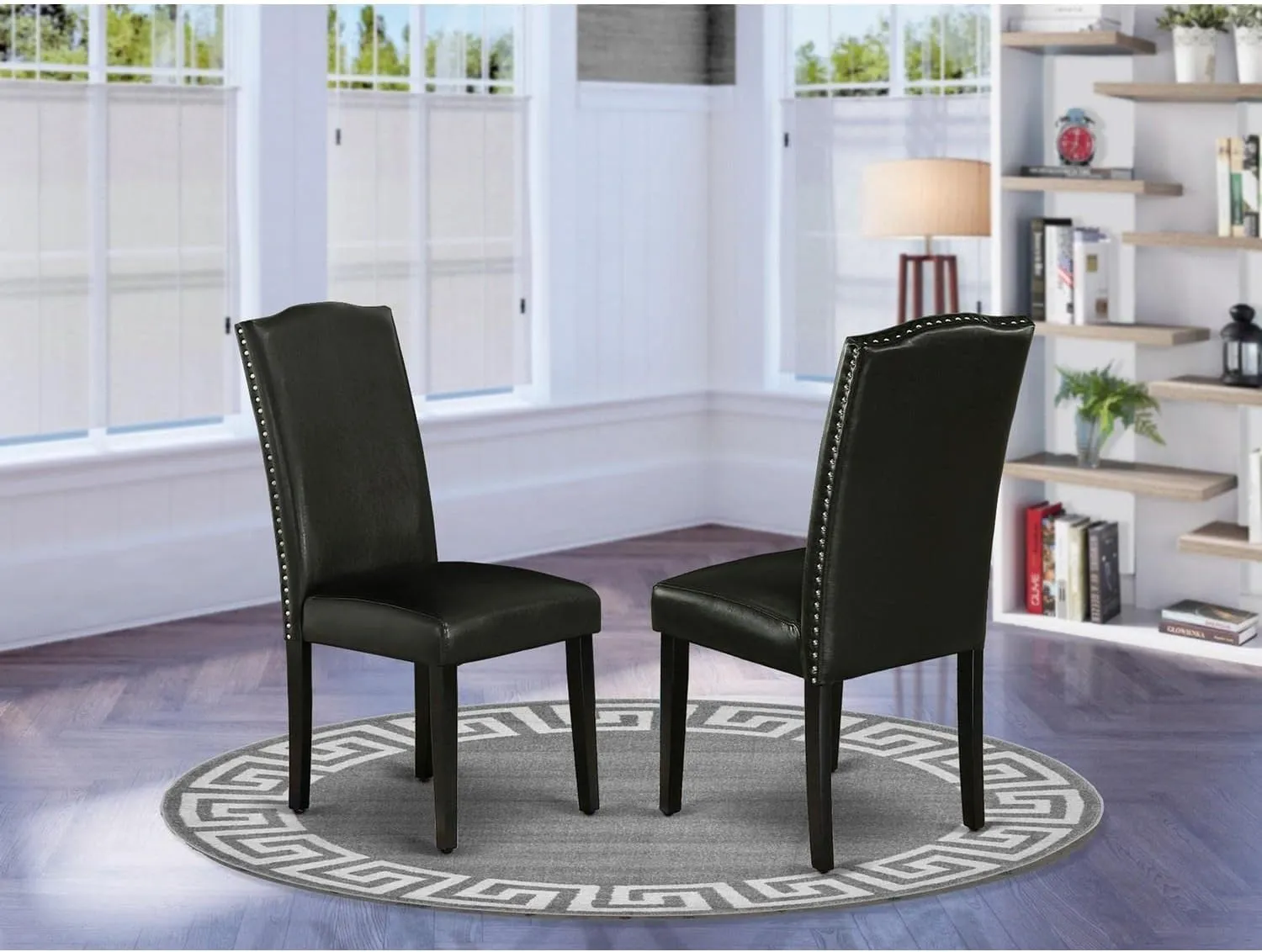 East West Furniture ENP1T69 Encinal Parson Dining Room Chairs - Nailhead Trim Black Faux Leather Padded Chairs, Set of 2, Black
