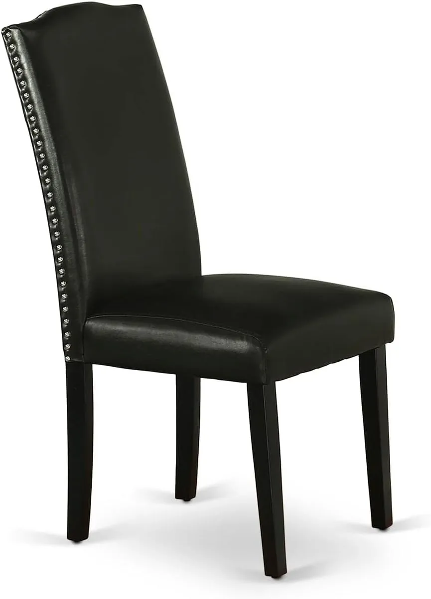 East West Furniture ENP1T69 Encinal Parson Dining Room Chairs - Nailhead Trim Black Faux Leather Padded Chairs, Set of 2, Black