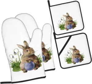 Easter Egg Bunny Oven Mitts and Pot Holders Sets Rabbits Spring Leaves Heat Resistant Cooking Potholder Oven Gloves for Baking Grilling BBQ Mittens Non-Slip Kitchen Decor and Accessories Gifts