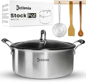 Eclimia-Stainless Steel Stockpot with Glass Lid | Non-Stick Soup Pot with Honeycomb Carving | Induction Cooking Pot, Compatible with All Cooktops, Dishwasher & Oven Safe
