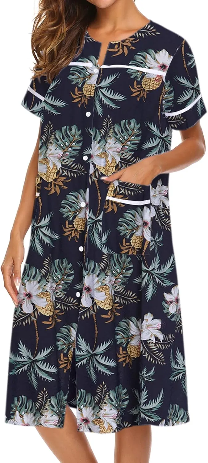 Ekouaer House Dress for Women with Pockets Button Down Duster Housecoat Short Sleeve Mumu Nightgown S-XXXL