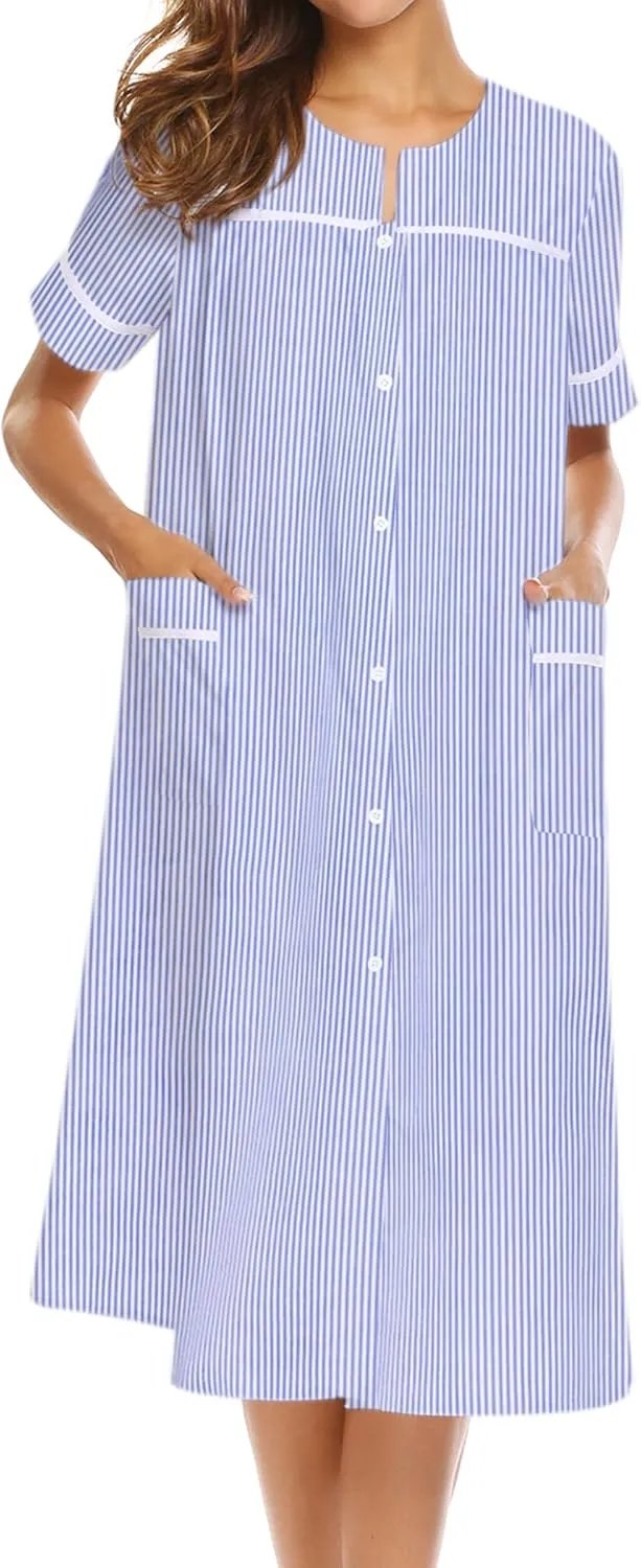 Ekouaer House Dress for Women with Pockets Button Down Duster Housecoat Short Sleeve Mumu Nightgown S-XXXL