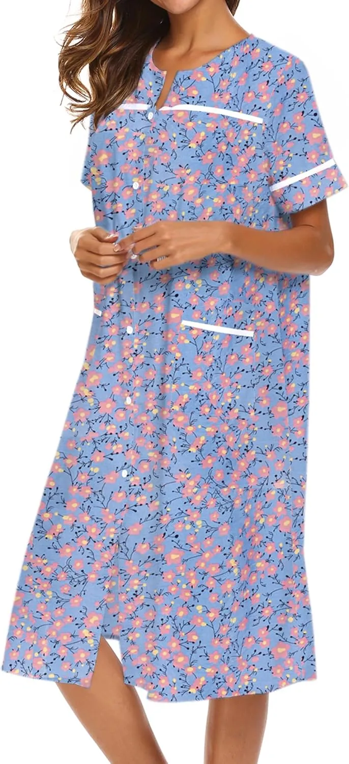 Ekouaer House Dress for Women with Pockets Button Down Duster Housecoat Short Sleeve Mumu Nightgown S-XXXL
