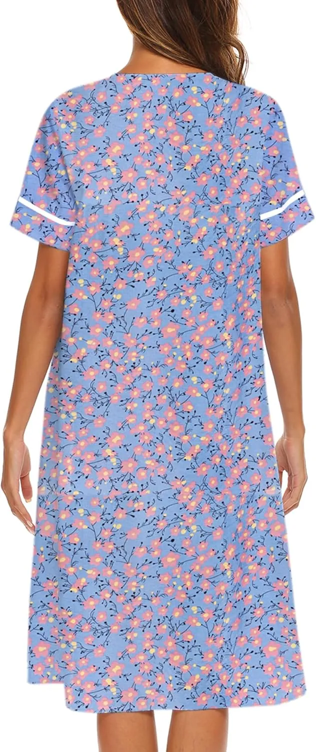 Ekouaer House Dress for Women with Pockets Button Down Duster Housecoat Short Sleeve Mumu Nightgown S-XXXL